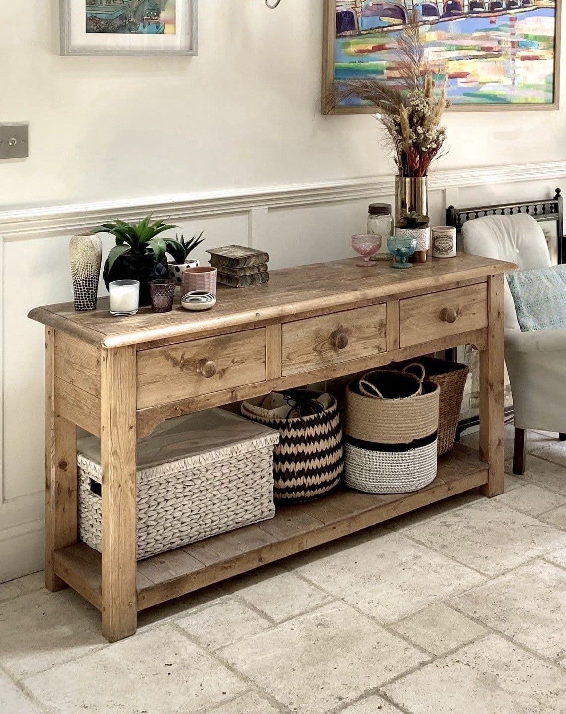 Vintage Antique Style Solid Pine Sideboard Console Hall Side Table Pot Shelf