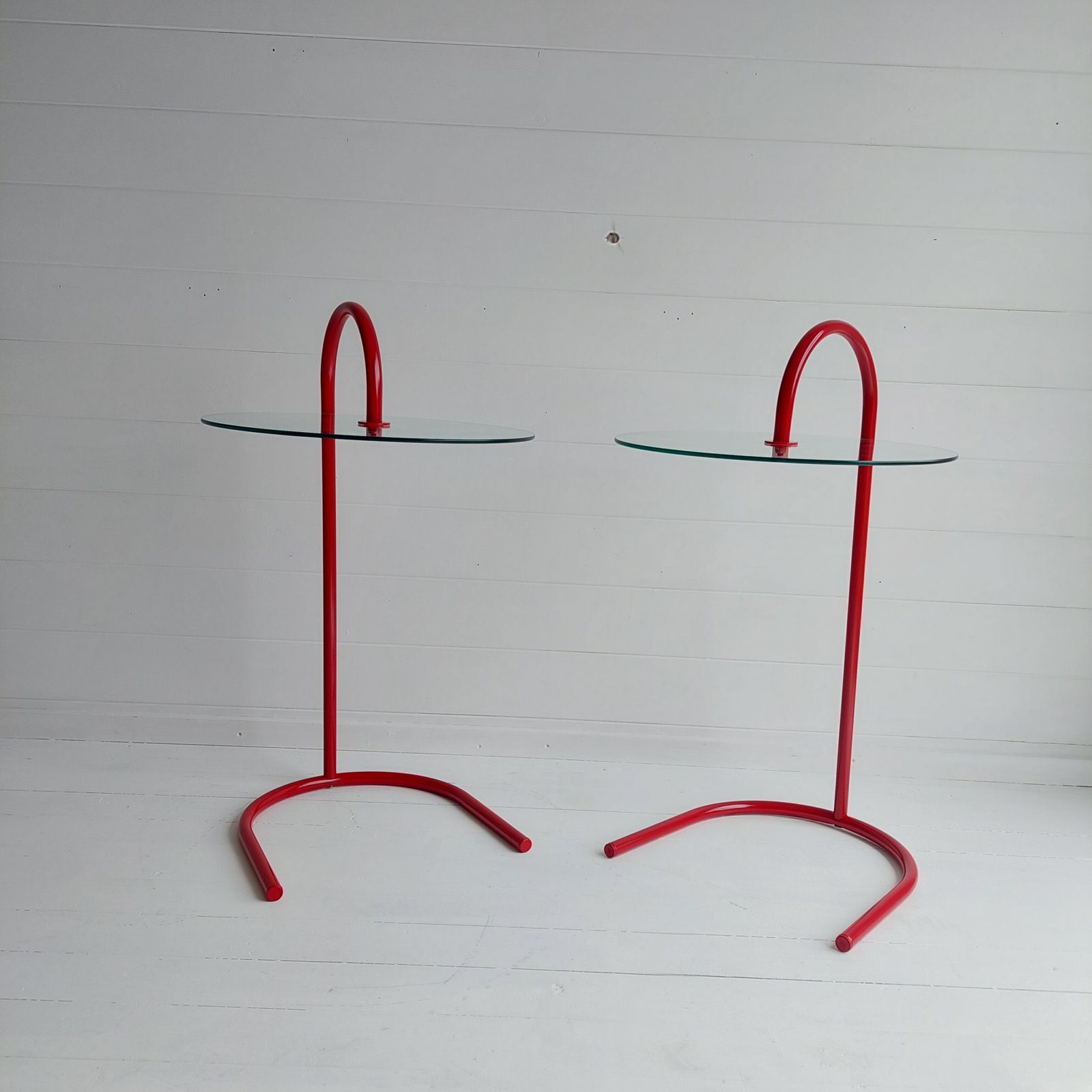 Vintage Ikea Ry Coffee Side Tables Glass Red Aluminium Postmodern Memphis, 1980s Set Of 2 photo vinterior