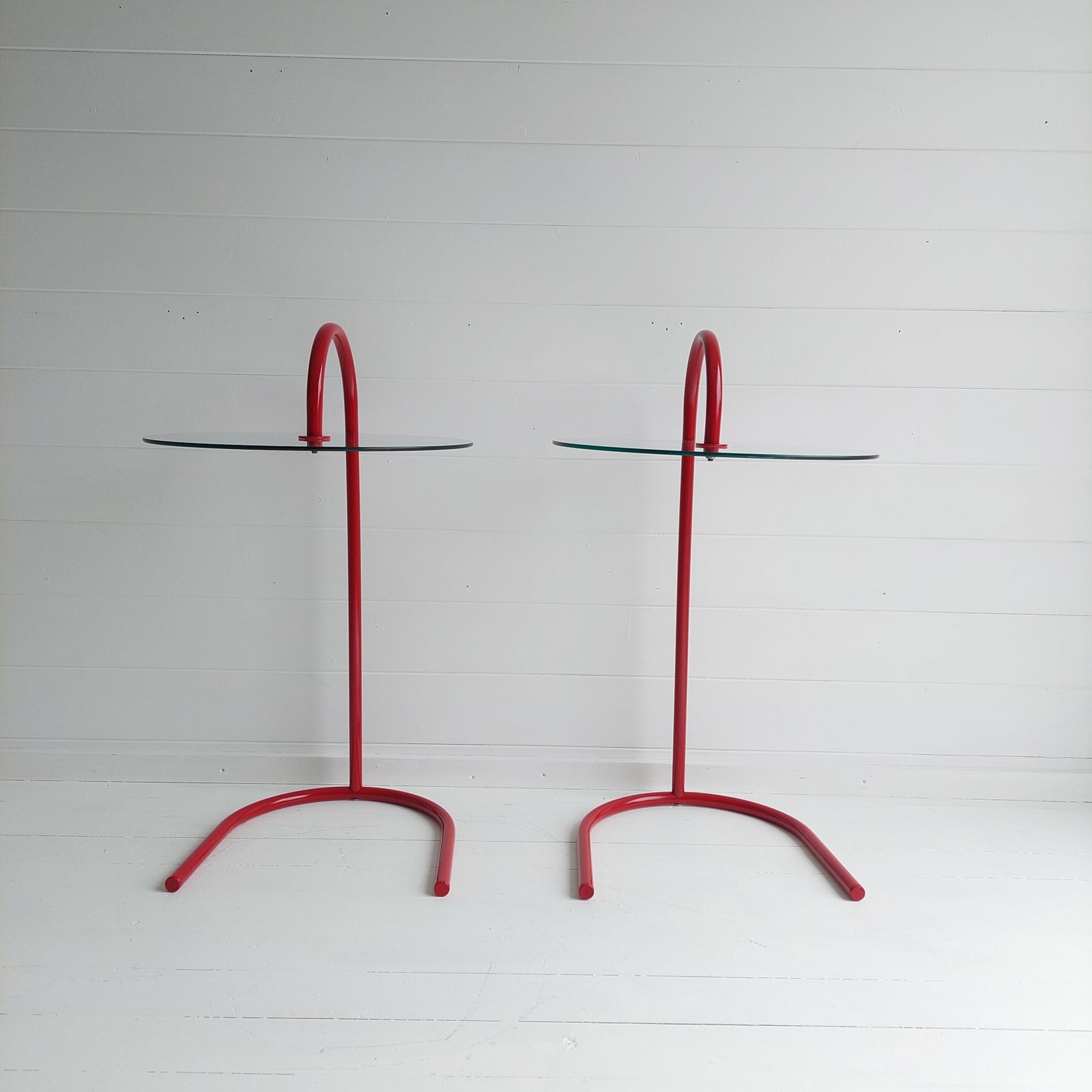 photo buy Vintage Ikea Ry Coffee Side Tables Glass Red Aluminium Postmodern Memphis, 1980s Set Of 2