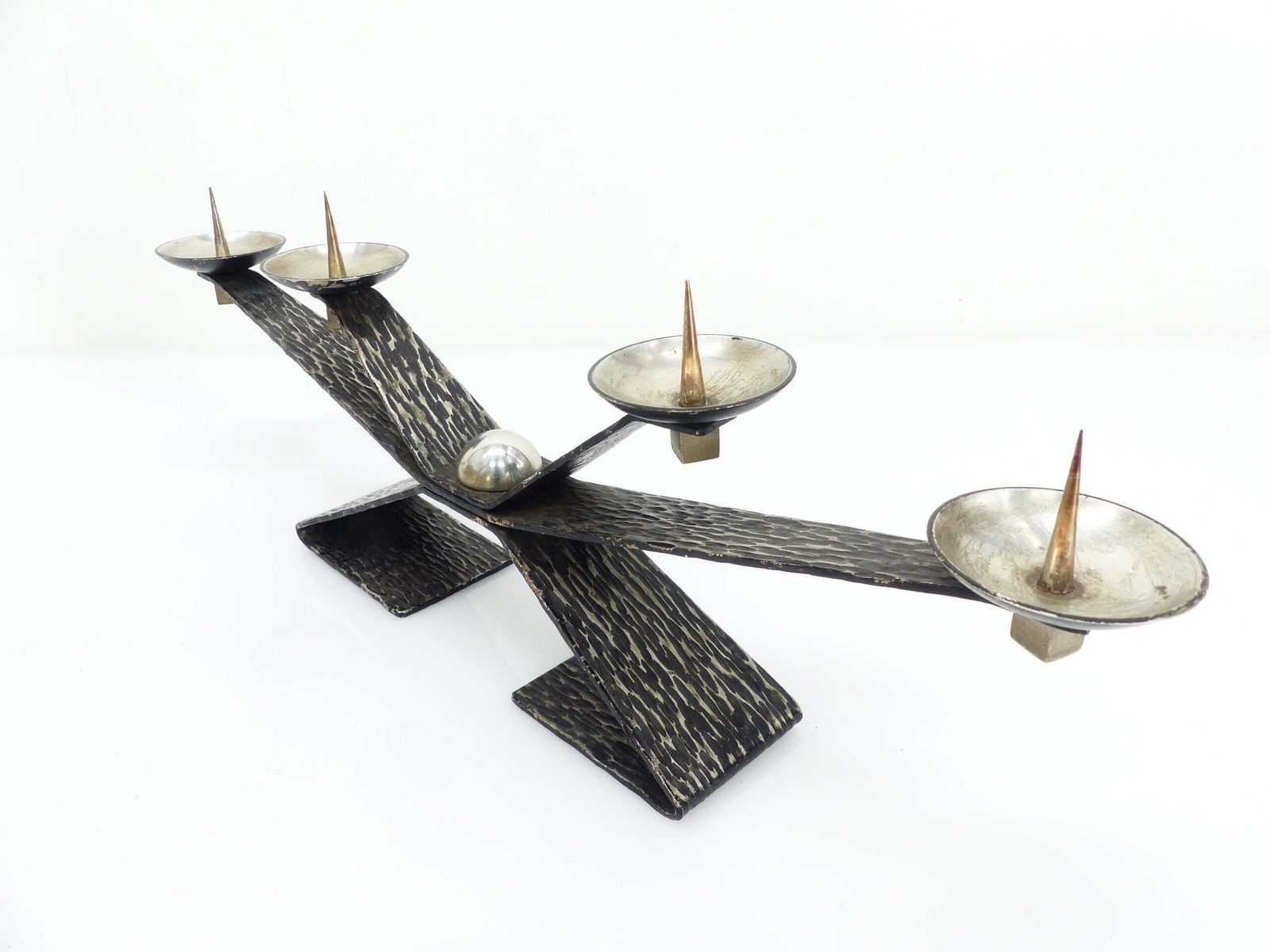 Modernist Brutalist Chandelier With Four Blackened Hammered Metal Spikes, Europe, Circa 1960 1970 photo for sale