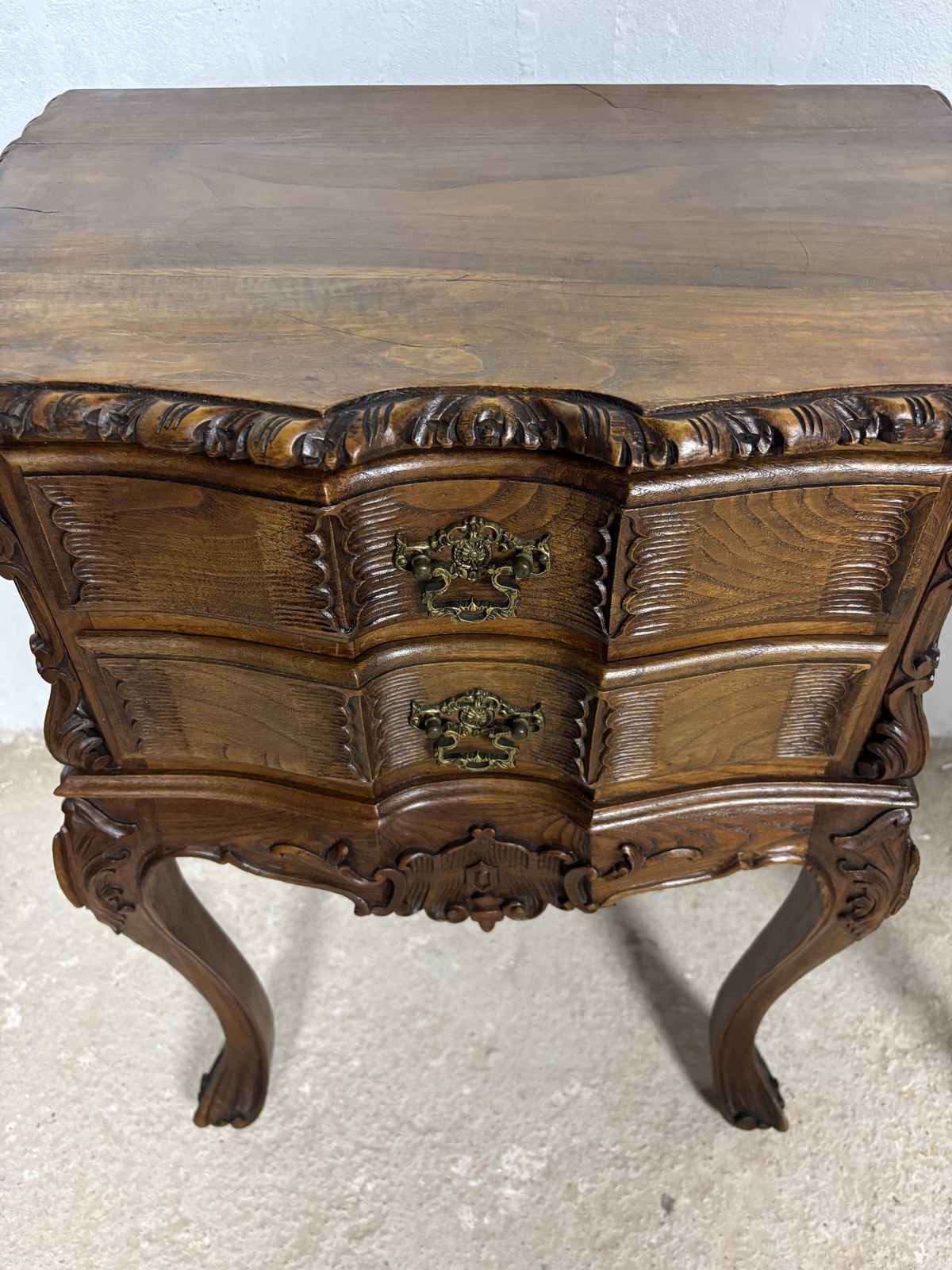 photo buy Pair Of Spanish Carved Louis XV Style Bedside Tables In Oak, Early 20th Century