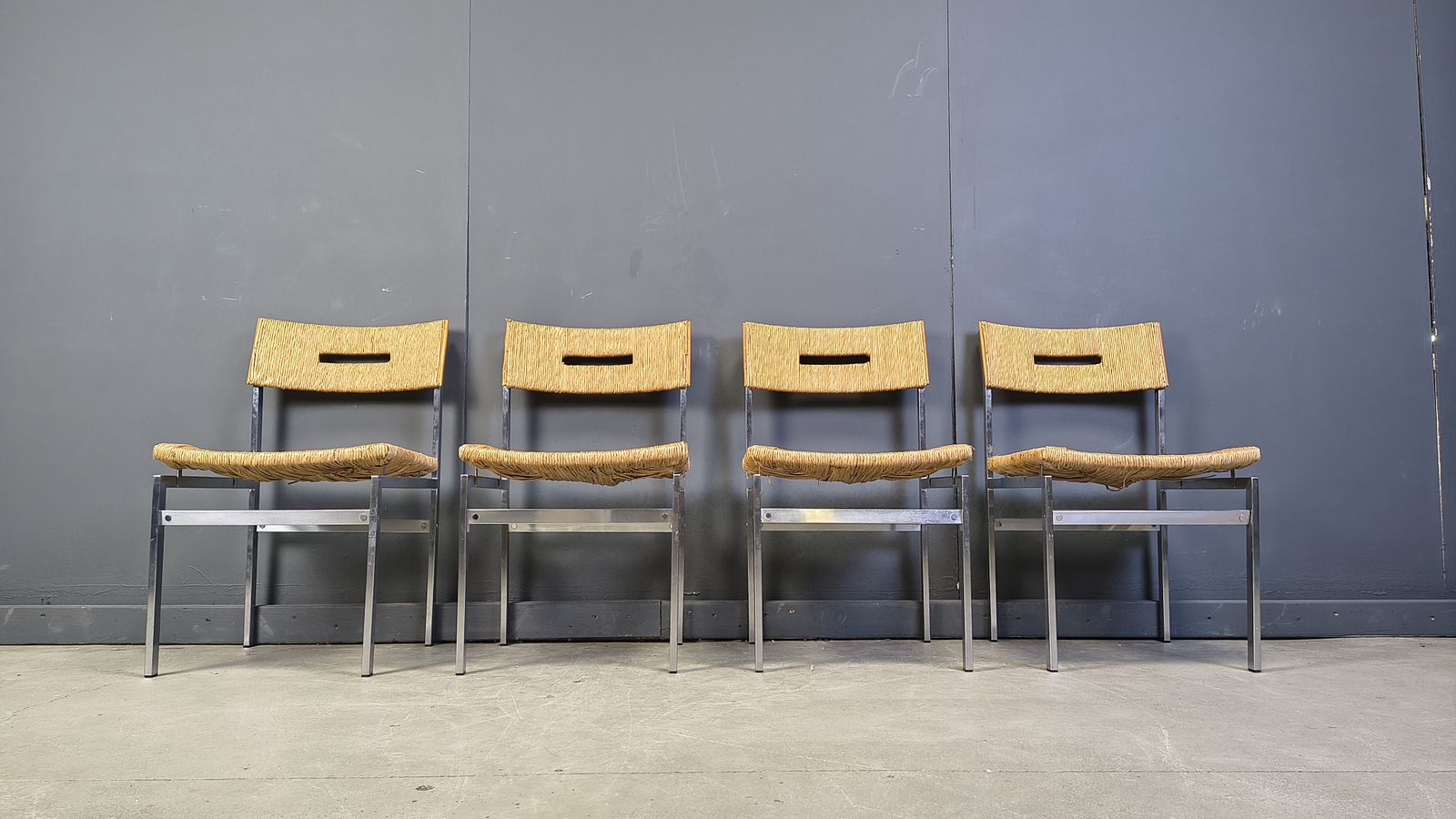 photo for sale Belgian Wicker And Chrome Dining Chairs, 1970s   Set Of 4