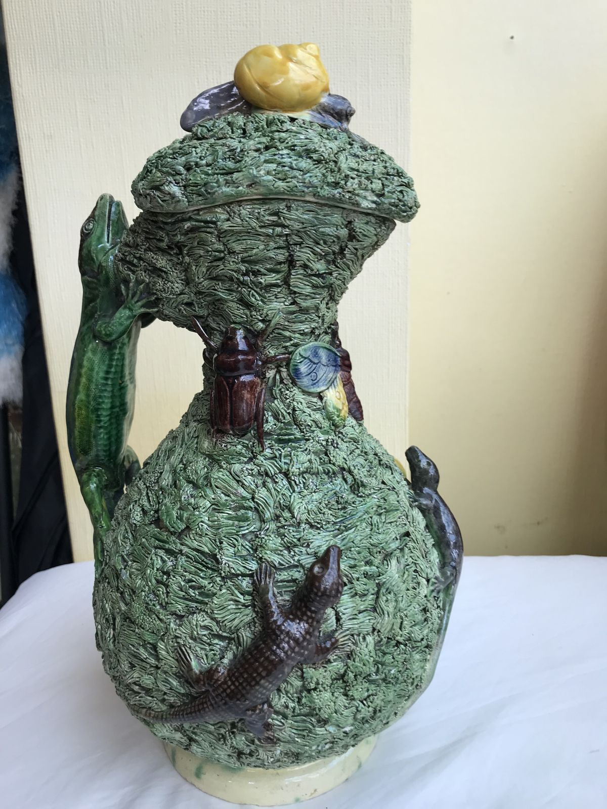 19th Century Portugese Mafra Majolica Pallisy Ewer And Cover photo for sale