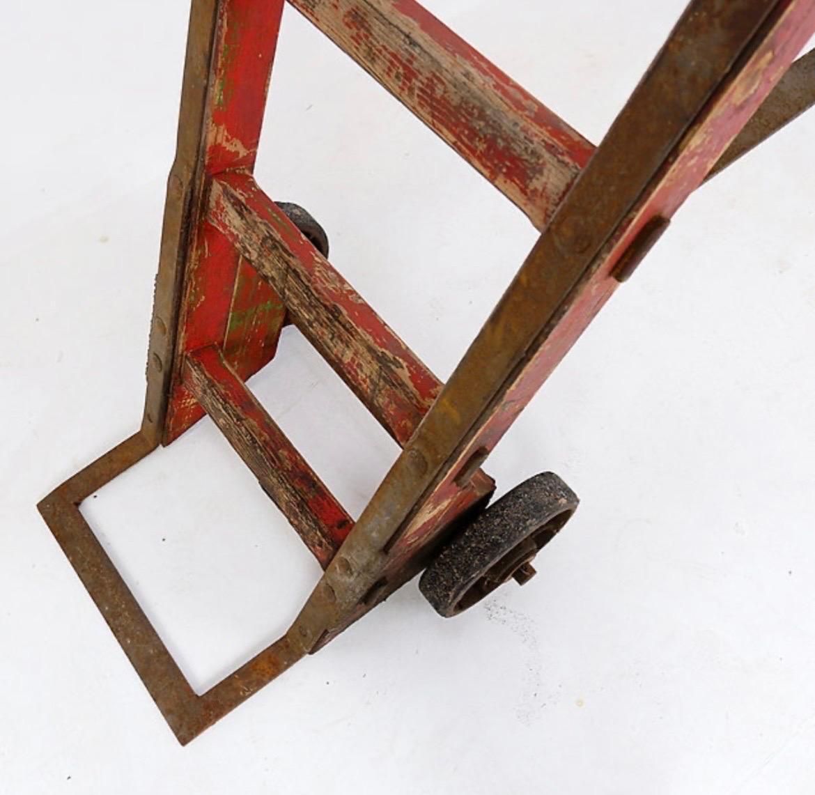 Mid 20th Century Antique Wooden Hand Truck In Campaign Style photo Furniture