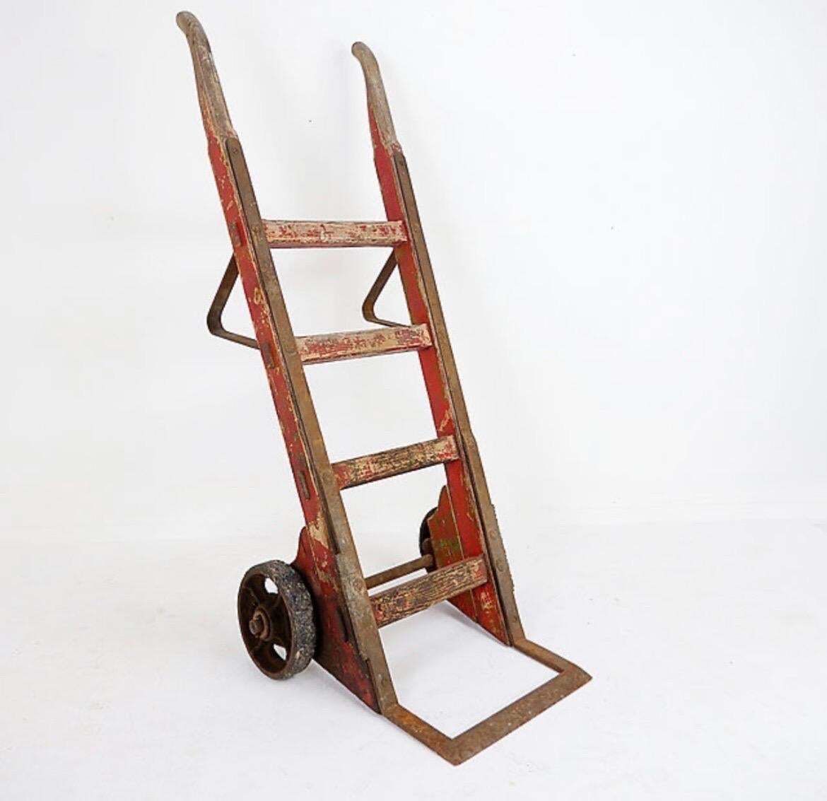 Mid 20th Century Antique Wooden Hand Truck In Campaign Style photo vinterior