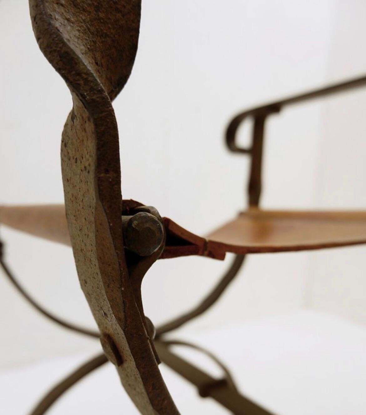 Brutalist Curule Armchair In Wrought Iron And Leather, Antique, 1950 photo furniture