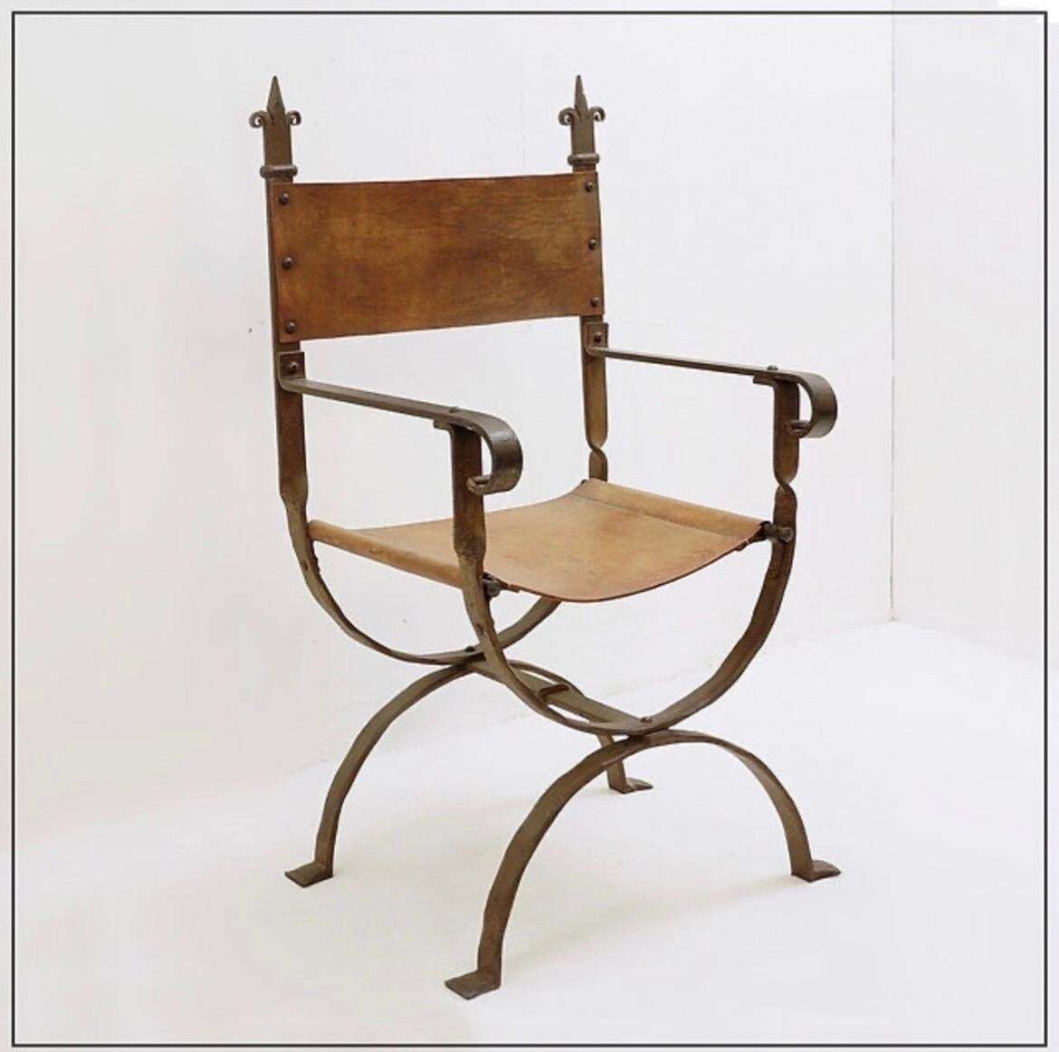 Brutalist Curule Armchair In Wrought Iron And Leather, Antique, 1950 photo for sale