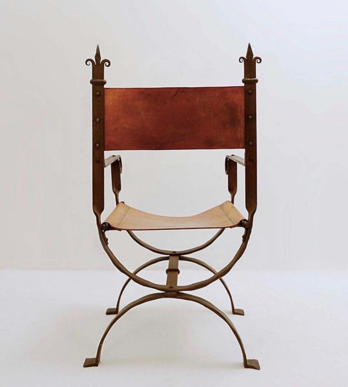 Brutalist Curule Armchair In Wrought Iron And Leather, Antique, 1950 photo 771.0