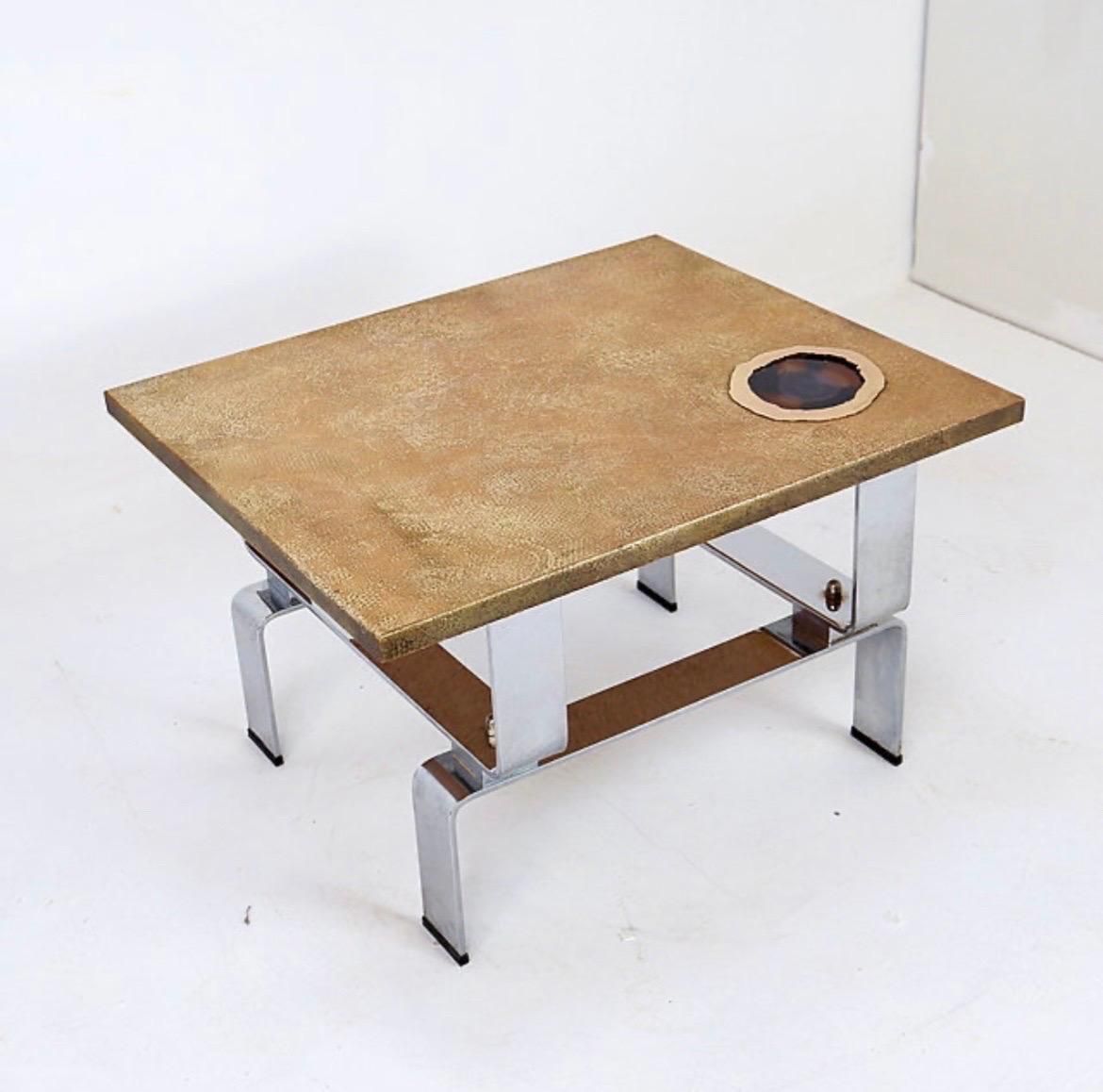 Acid Etched Brass Coffee Table Top By Christian Krekels With An Agate Stone   1980s photo vintage