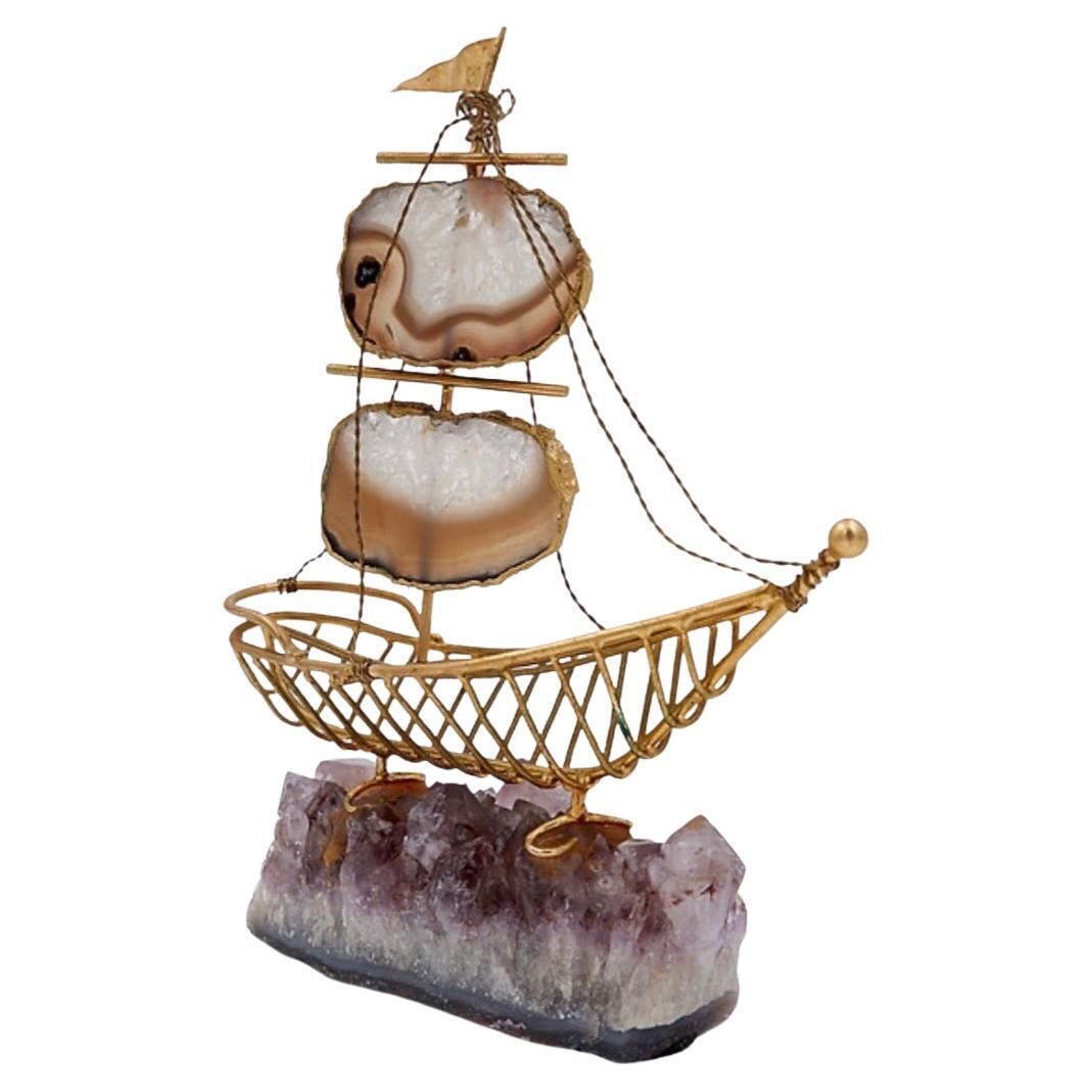 Mid Century Modern Brass Sailboat Sculpture On Amethyst Base, 1980