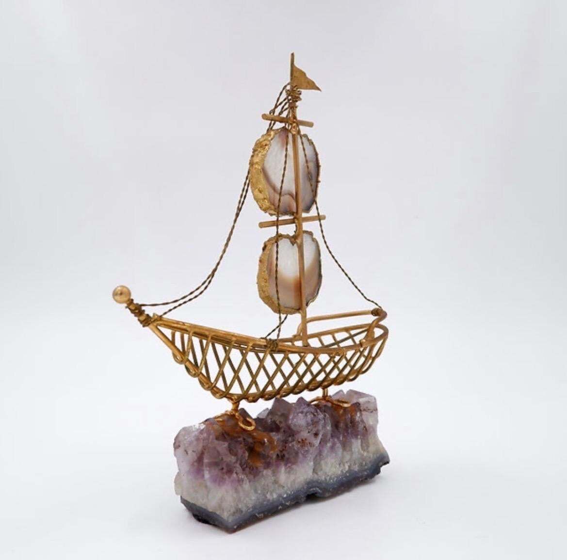Mid Century Modern Brass Sailboat Sculpture On Amethyst Base, 1980 photo for sale