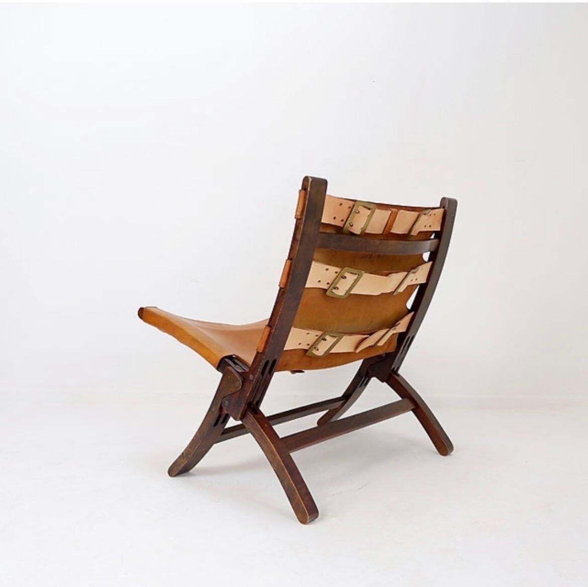 Mid Century Leather And Wood Folding Armchair, 1950s photo for sale
