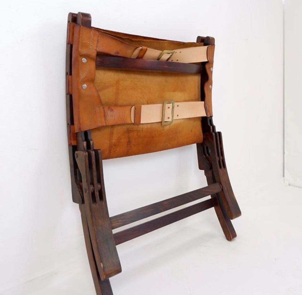 Mid Century Leather And Wood Folding Armchair, 1950s photo vintage