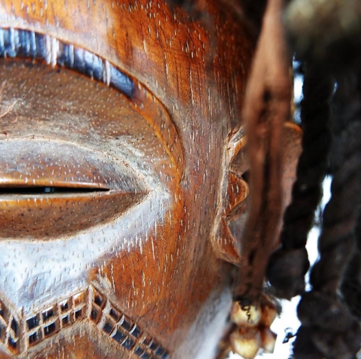 African Mask Sculpture On Base, Hardwood And Cord, Tribal Decor, 1990s photo buy