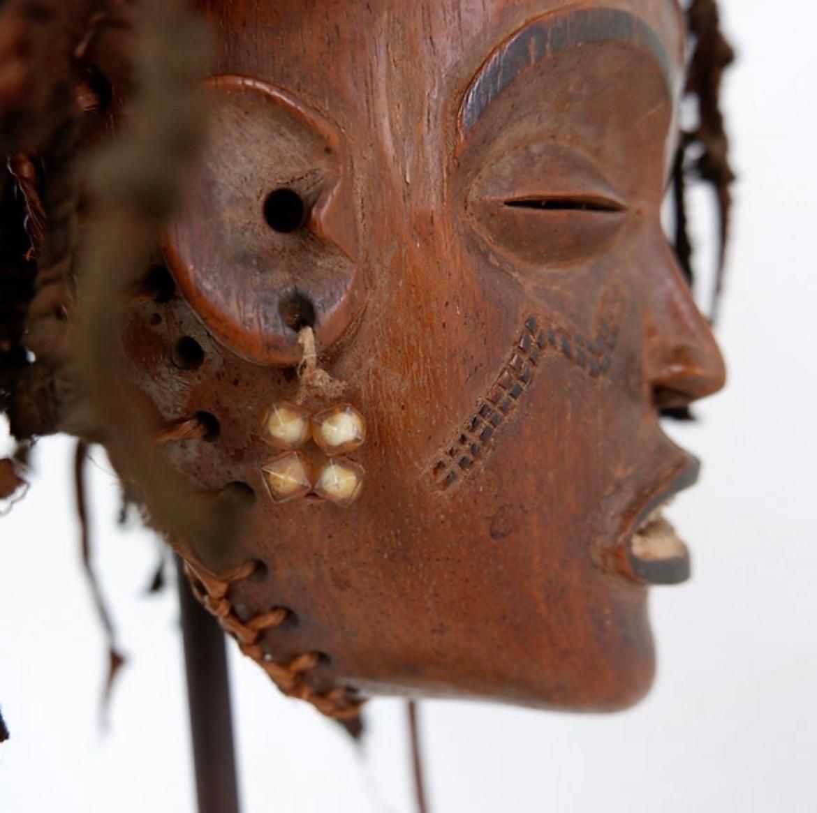 African Mask Sculpture On Base, Hardwood And Cord, Tribal Decor, 1990s photo vintage