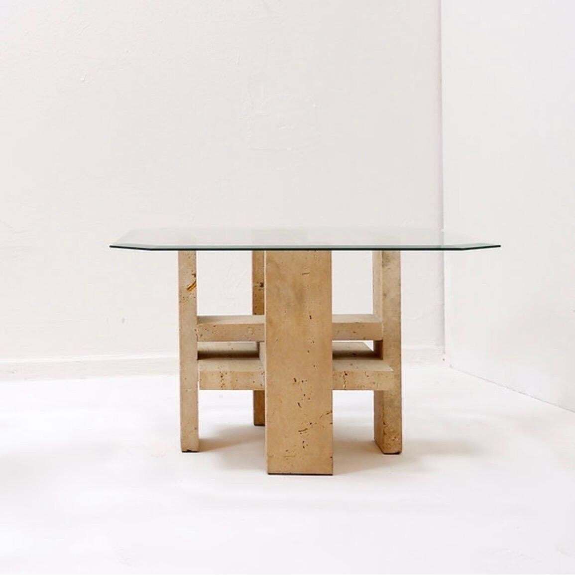 Pair Of Travertine And Glass End Tables By Willy Ballez, Belgium 1970s photo vintage