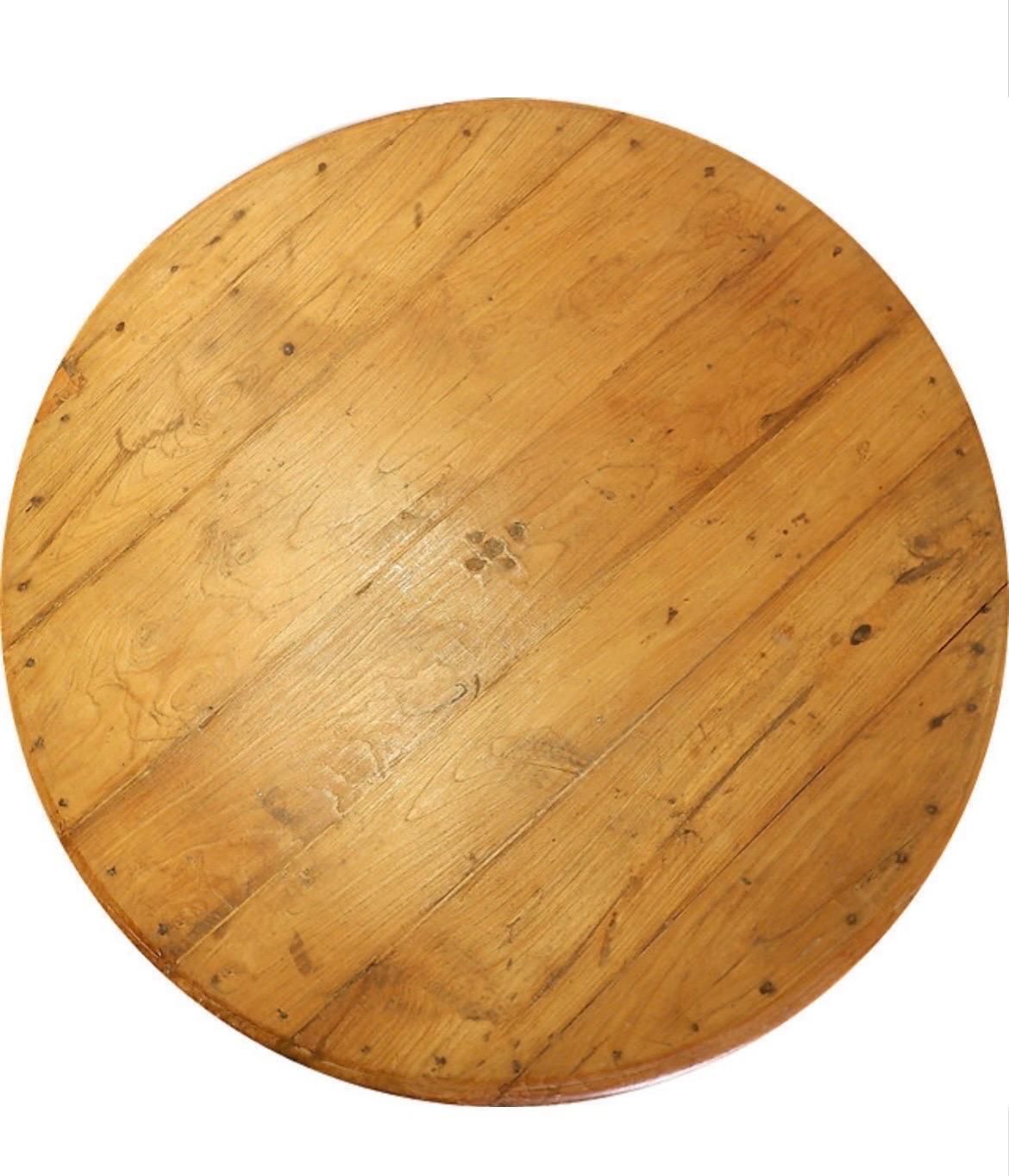 Rustic Round Pedestal Table, Pine Wood, Campaign Style, France, 1958 photo for sale