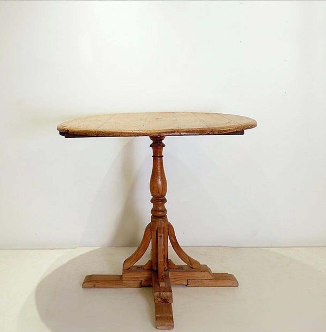 Rustic Round Pedestal Table, Pine Wood, Campaign Style, France, 1958 photo vintage
