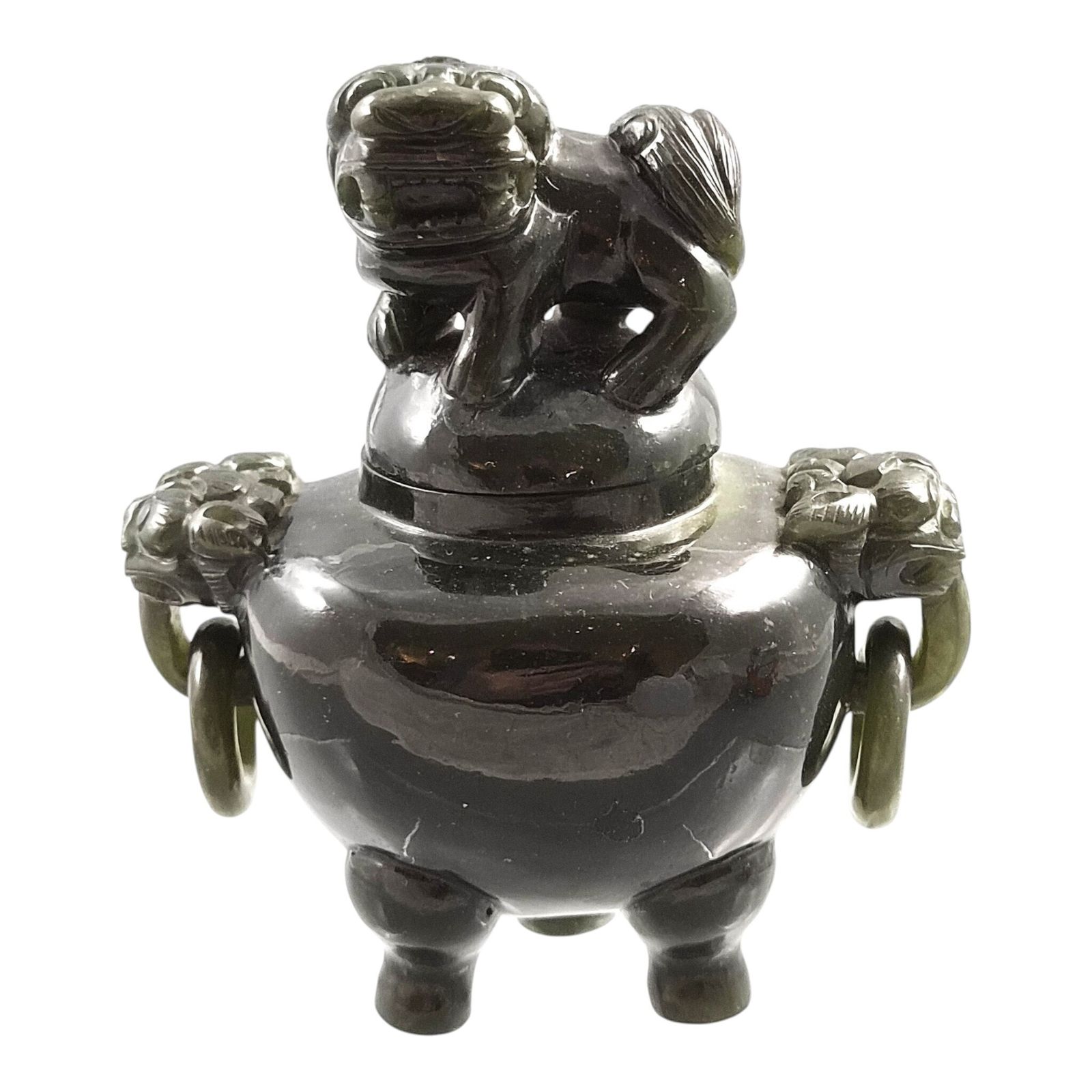 Chinese Spinach Green Jade Incense Burner With Foo Dog Lid, C. 1900–1920 photo furniture