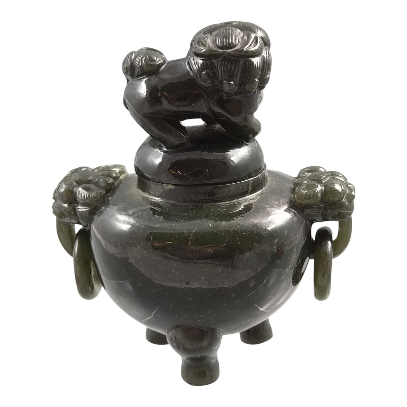 Chinese Spinach Green Jade Incense Burner With Foo Dog Lid, C. 1900–1920 photo vinterior