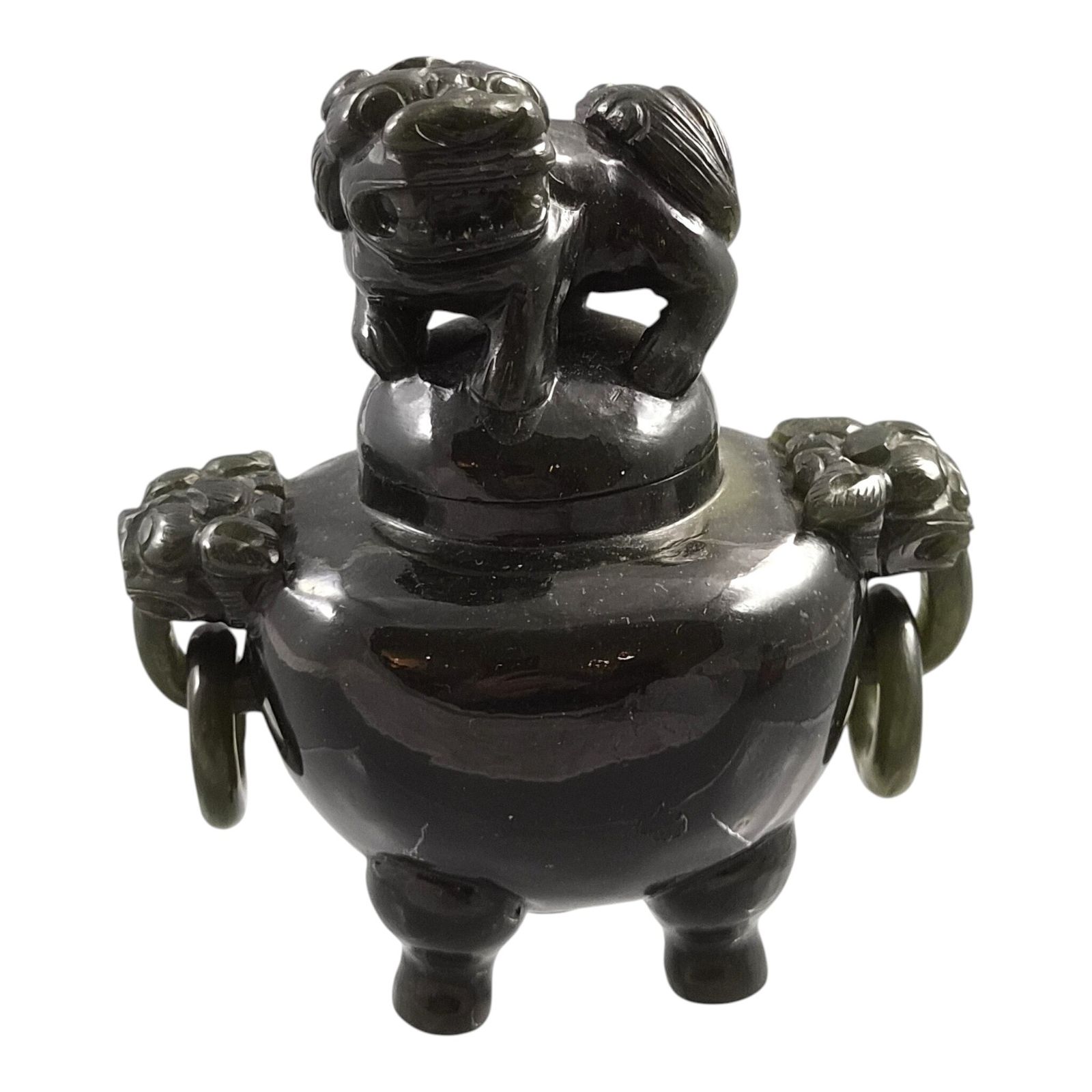 Chinese Spinach Green Jade Incense Burner With Foo Dog Lid, C. 1900–1920 photo vintage