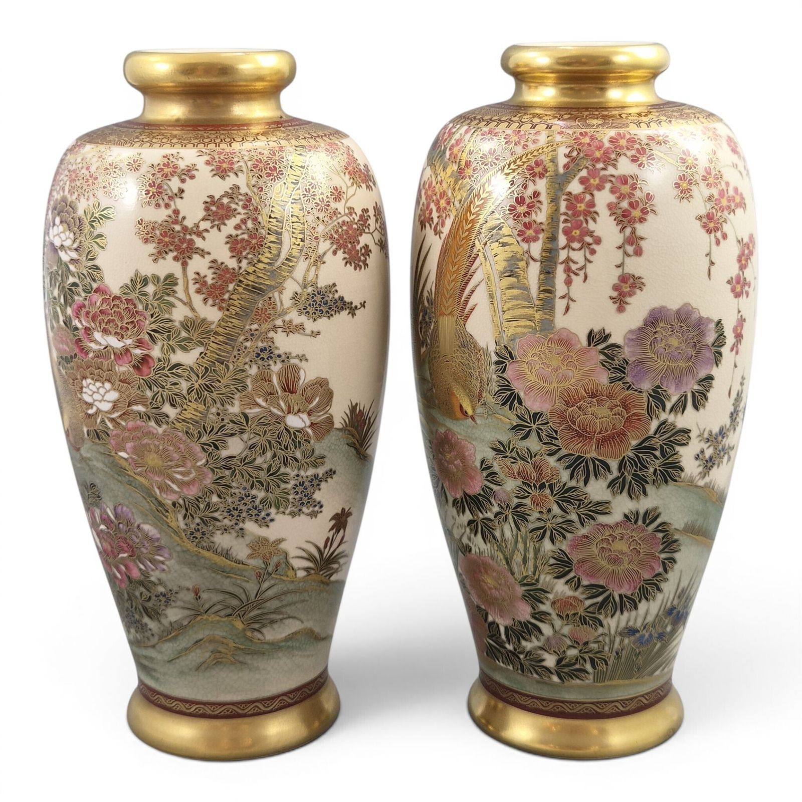 Pair Of Fine Japanese Satsuma Vases By Manpei, Kobe, Early Showa Period