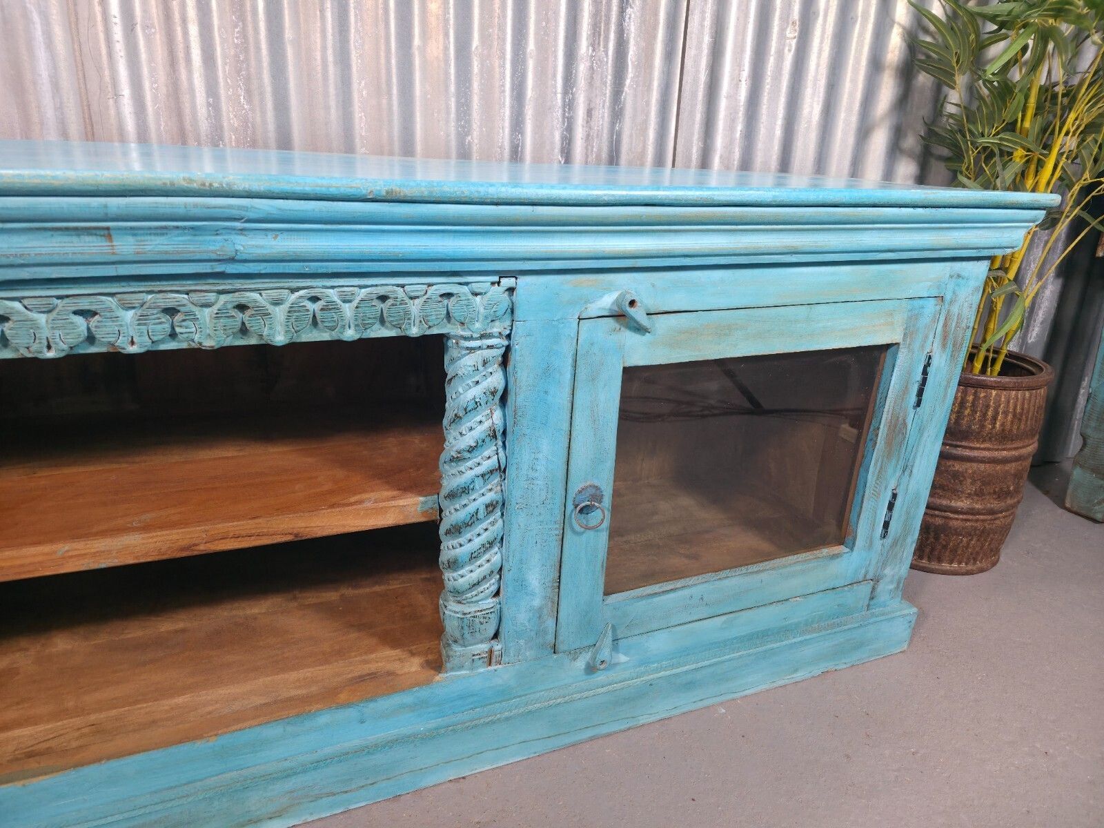 Vintage Reclaimed Indian Blue Solid Wooden Sideboard Tv Unit Display Cabinet photo Furniture