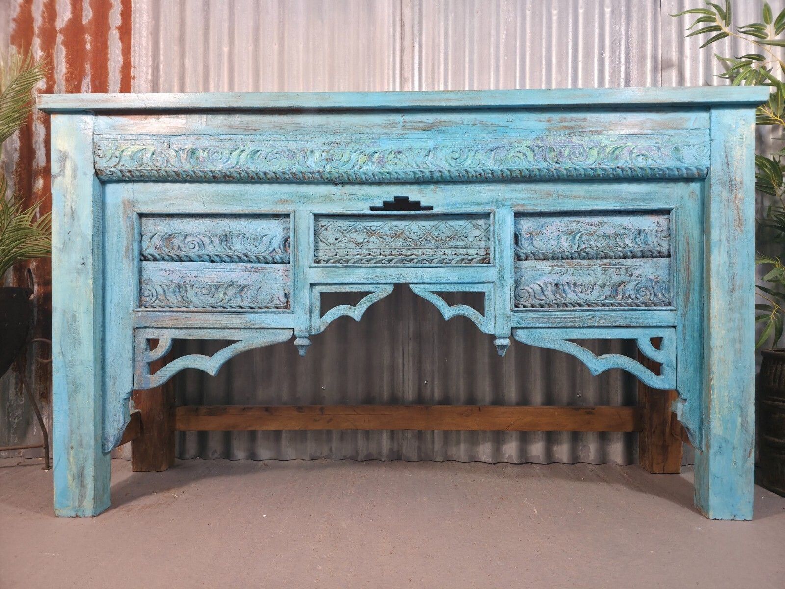 Vintage Reclaimed Indian Blue Solid Wooden Carved Hallway Console Table photo furniture