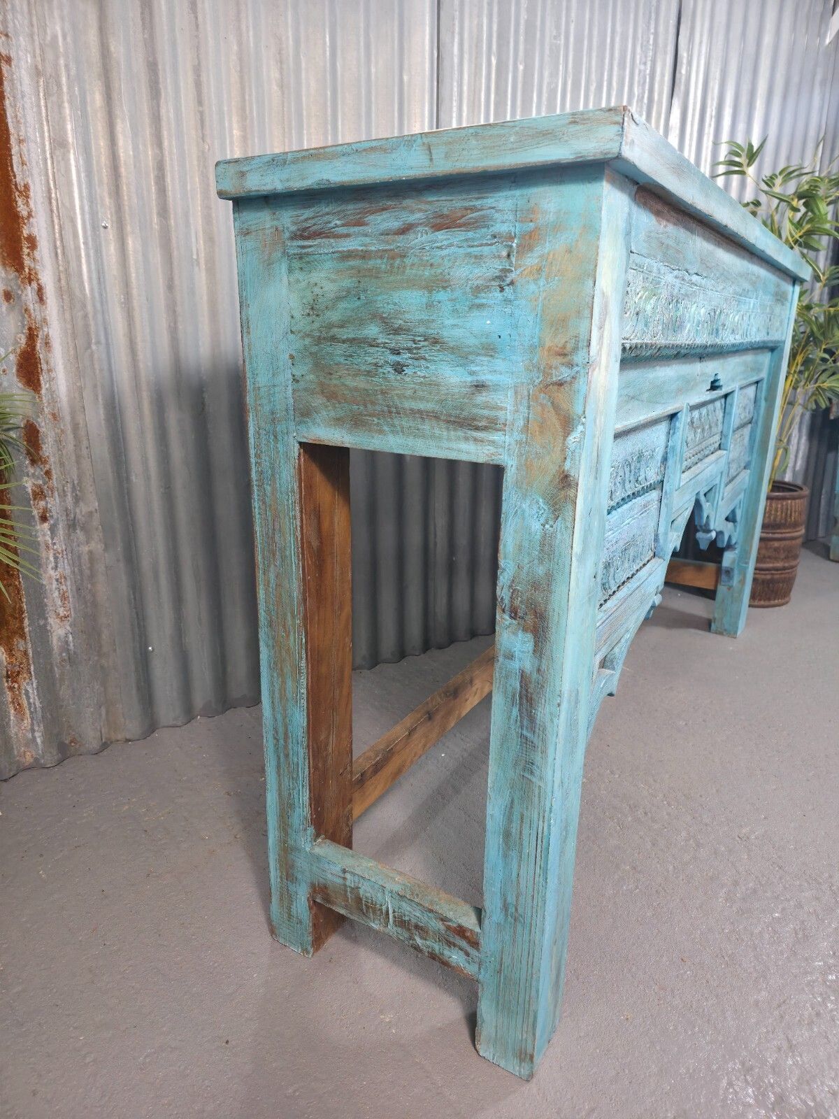 Vintage Reclaimed Indian Blue Solid Wooden Carved Hallway Console Table photo vinterior