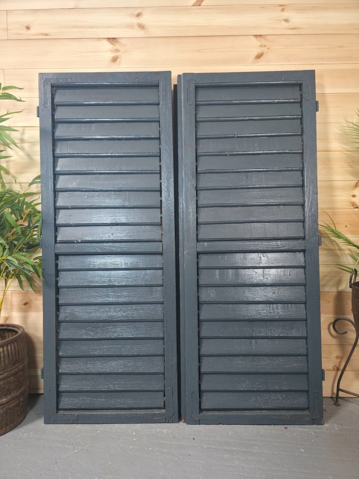 Vintage Antique Pair Rustic French Louvered Pine Wooden Window Shutters photo furniture