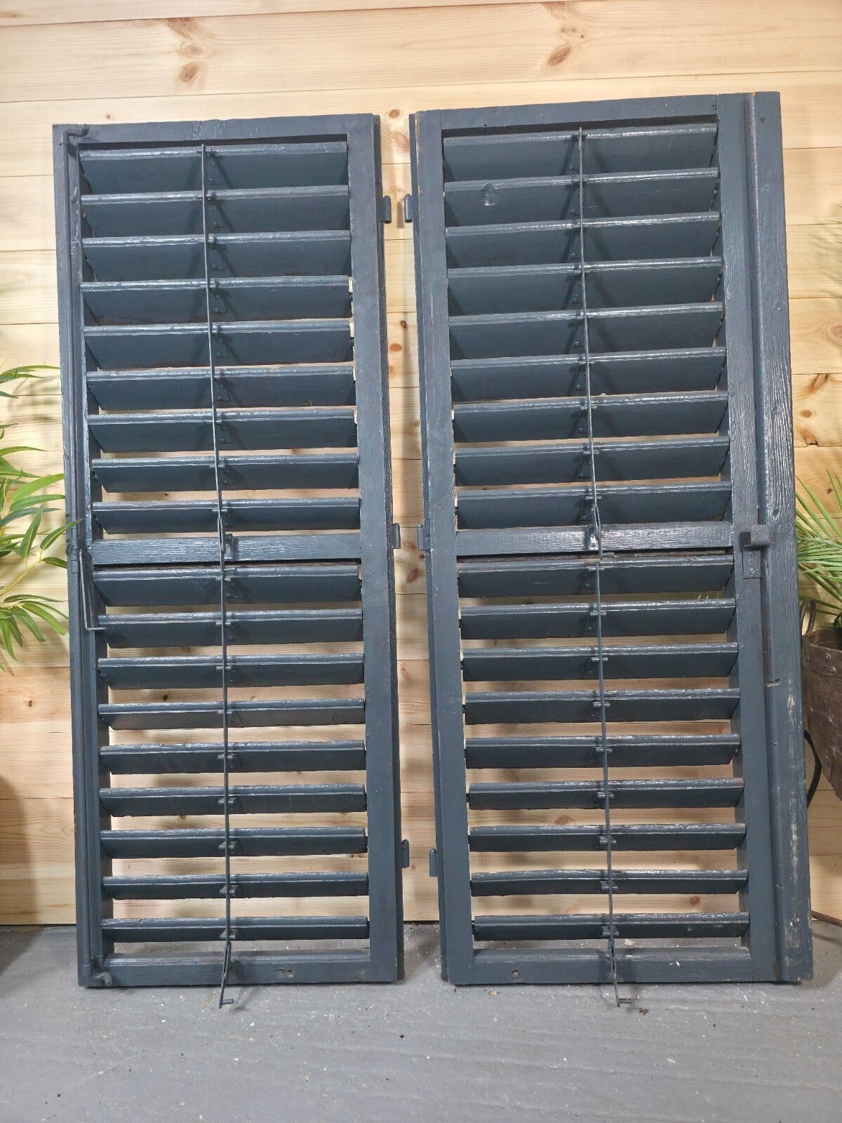 Vintage Antique Pair Rustic French Louvered Pine Wooden Window Shutters photo vinterior