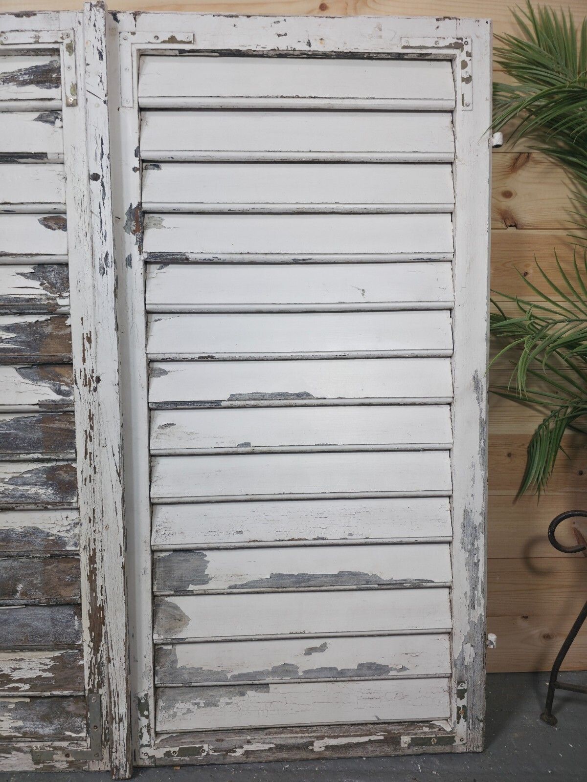 Vintage Antique Pair Rustic French Louvered Pine Wooden Window Shutters photo for sale