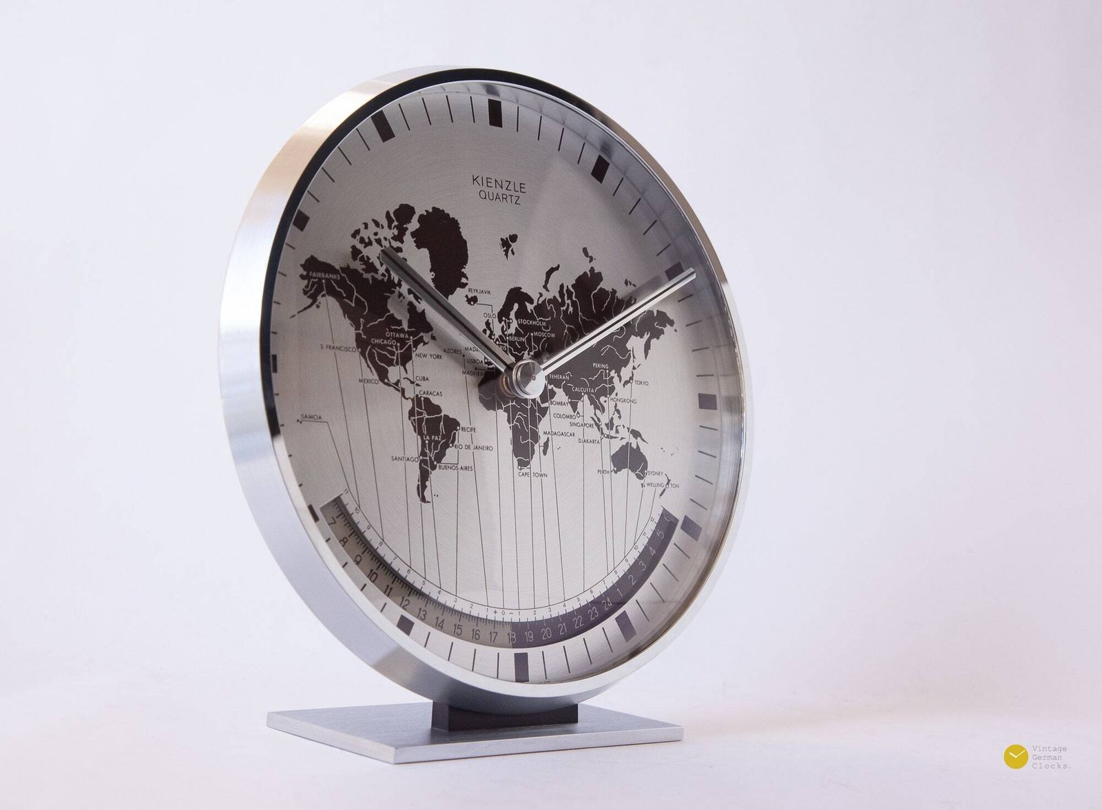 Kienzle Steel World Time Clock Germany Desk Table Mid Century Bauhaus Modernism Mantel Mcm Heinrich Moller Office photo for sale