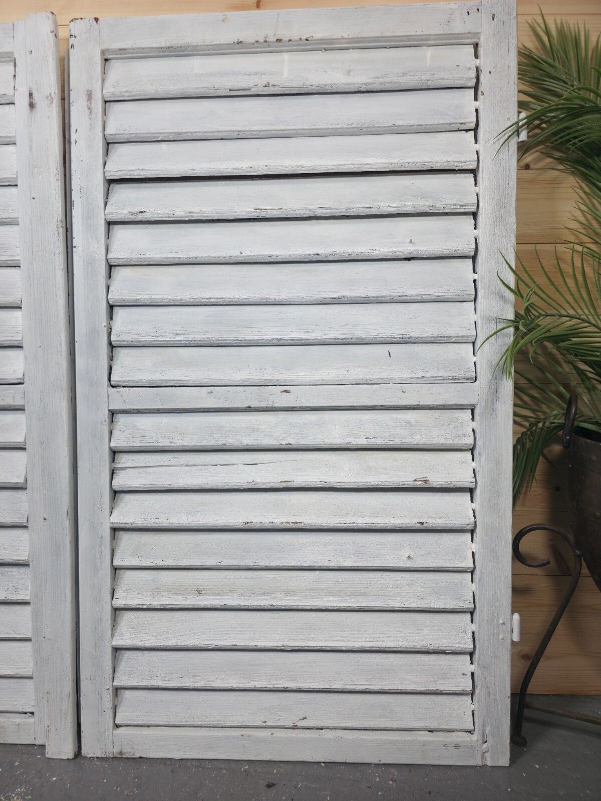 Vintage Antique Pair Rustic French Louvered Pine Wooden Window Shutters photo for sale