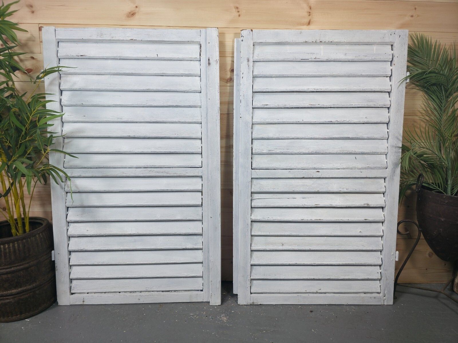 Vintage Antique Pair Rustic French Louvered Pine Wooden Window Shutters photo Home Fixtures
