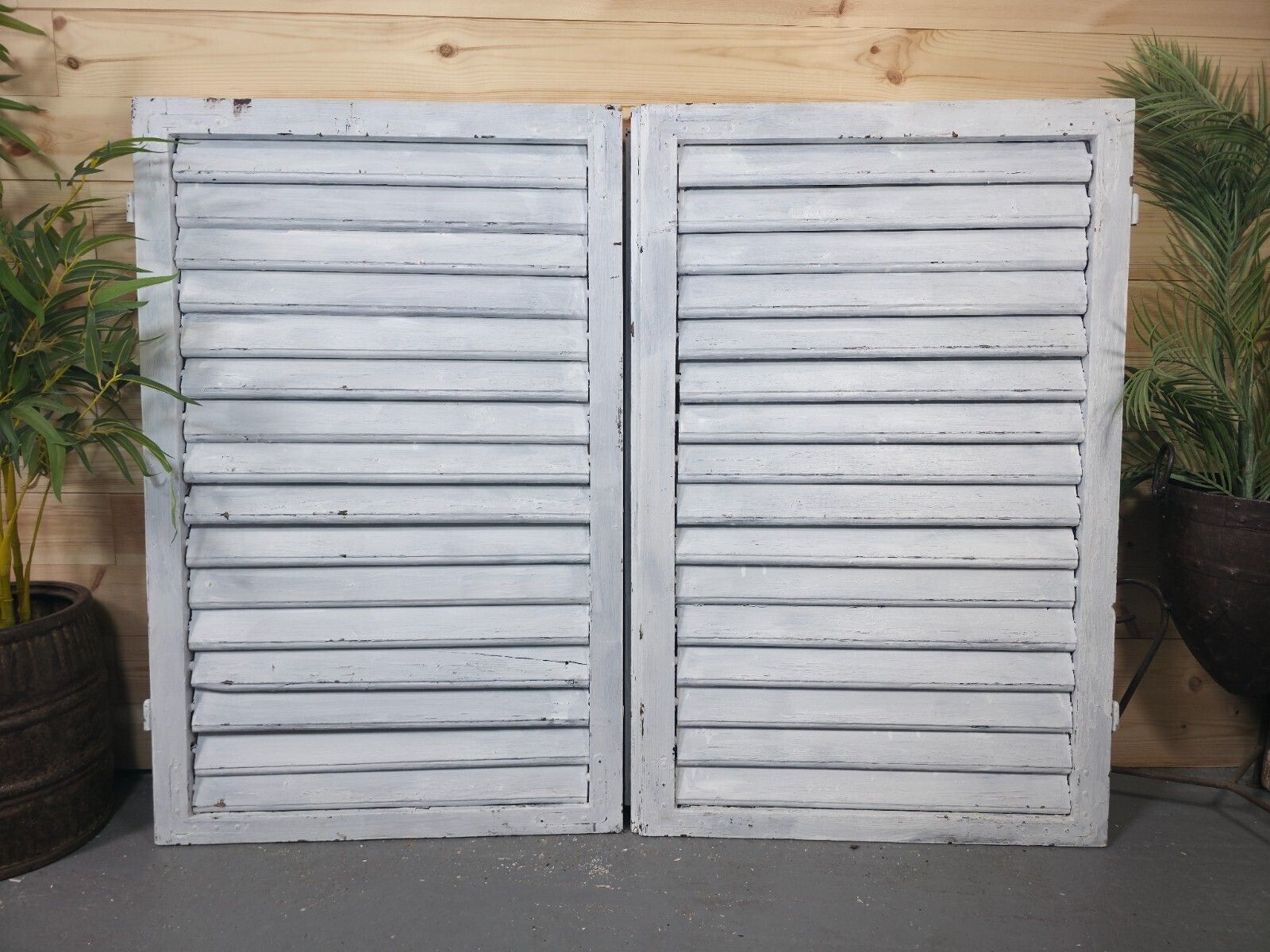 Vintage Antique Pair Rustic French Louvered Pine Wooden Window Shutters