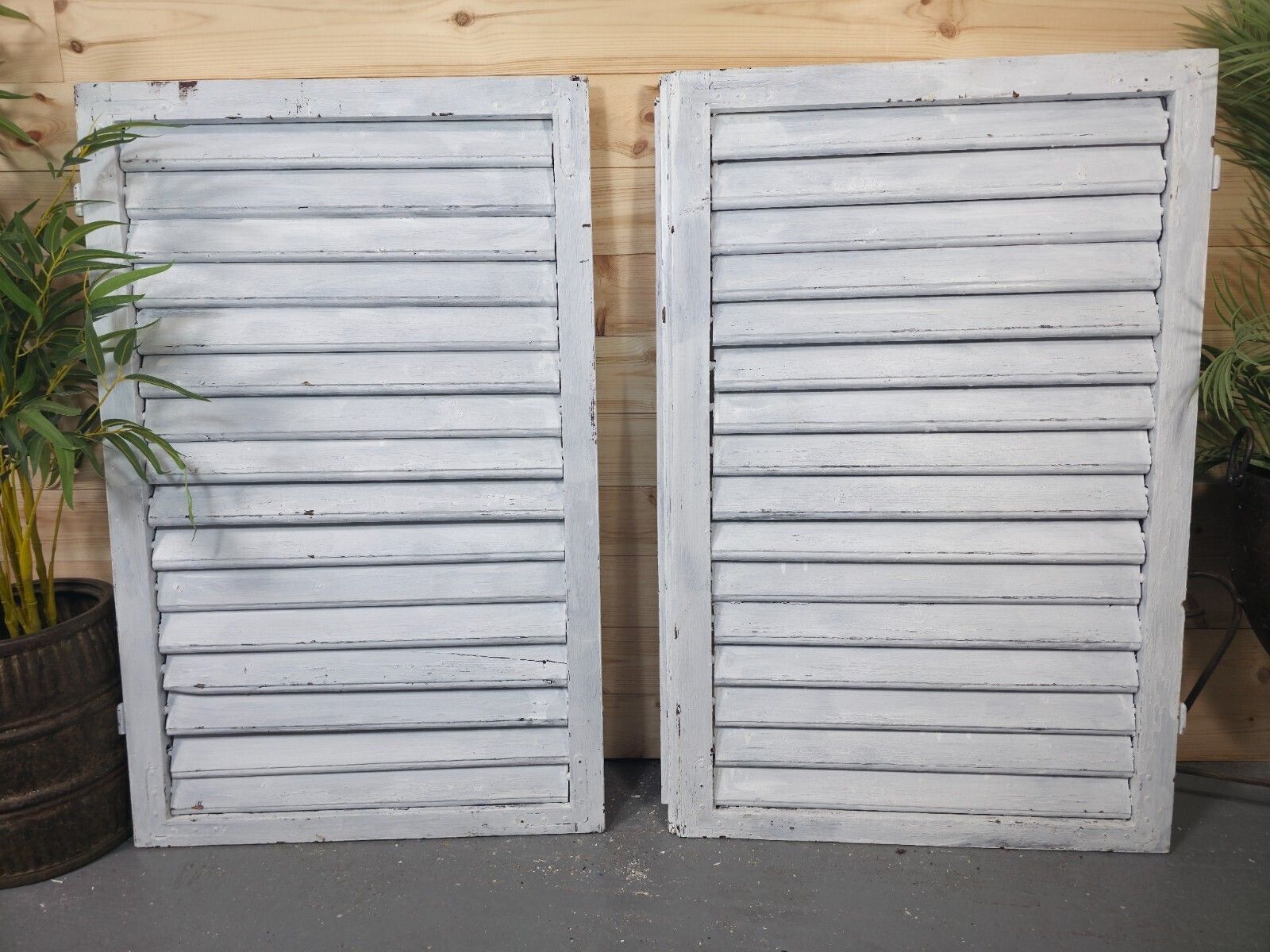 Vintage Antique Pair Rustic French Louvered Pine Wooden Window Shutters photo Home Fixtures