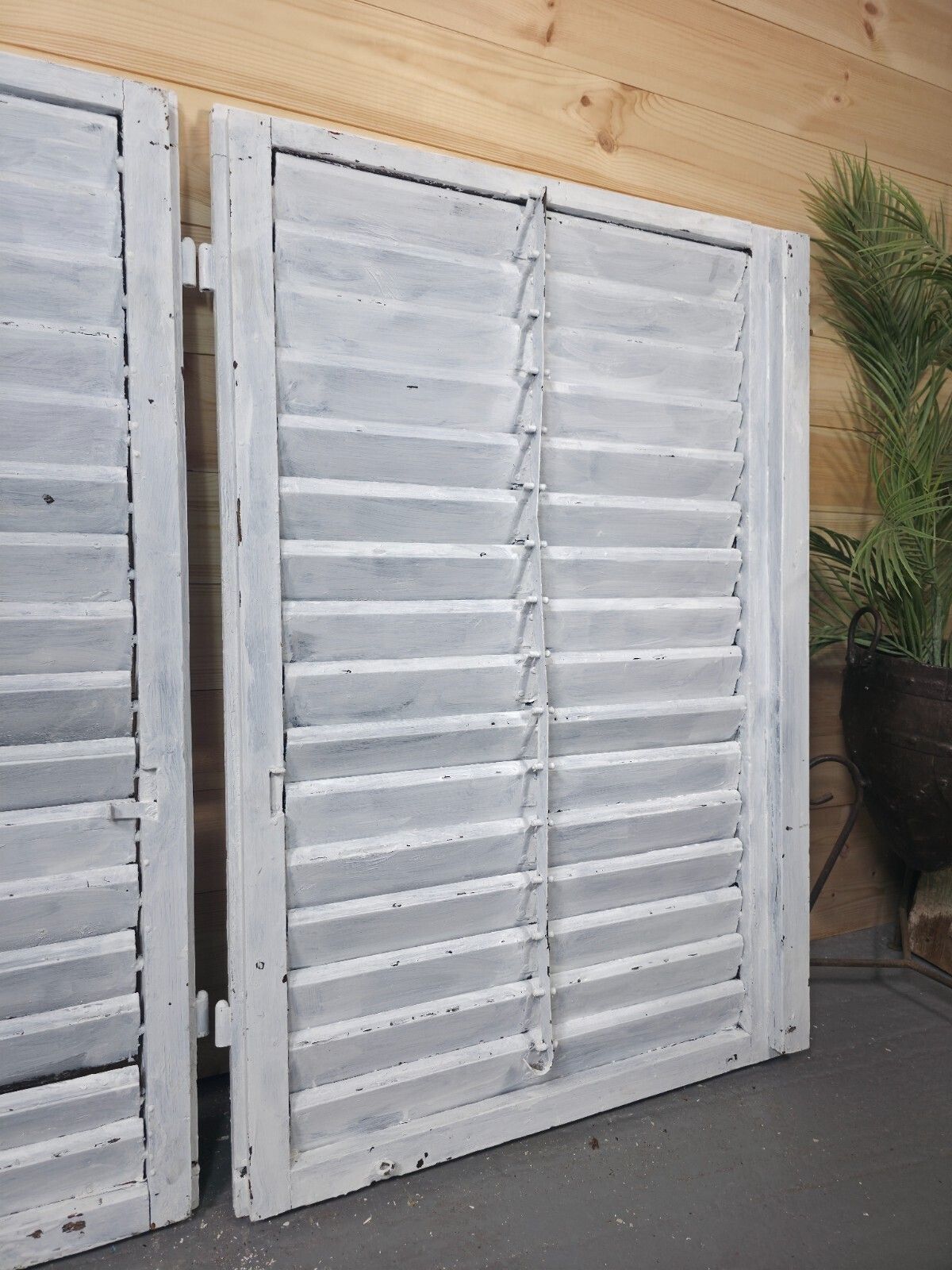 Vintage Antique Pair Rustic French Louvered Pine Wooden Window Shutters photo buy