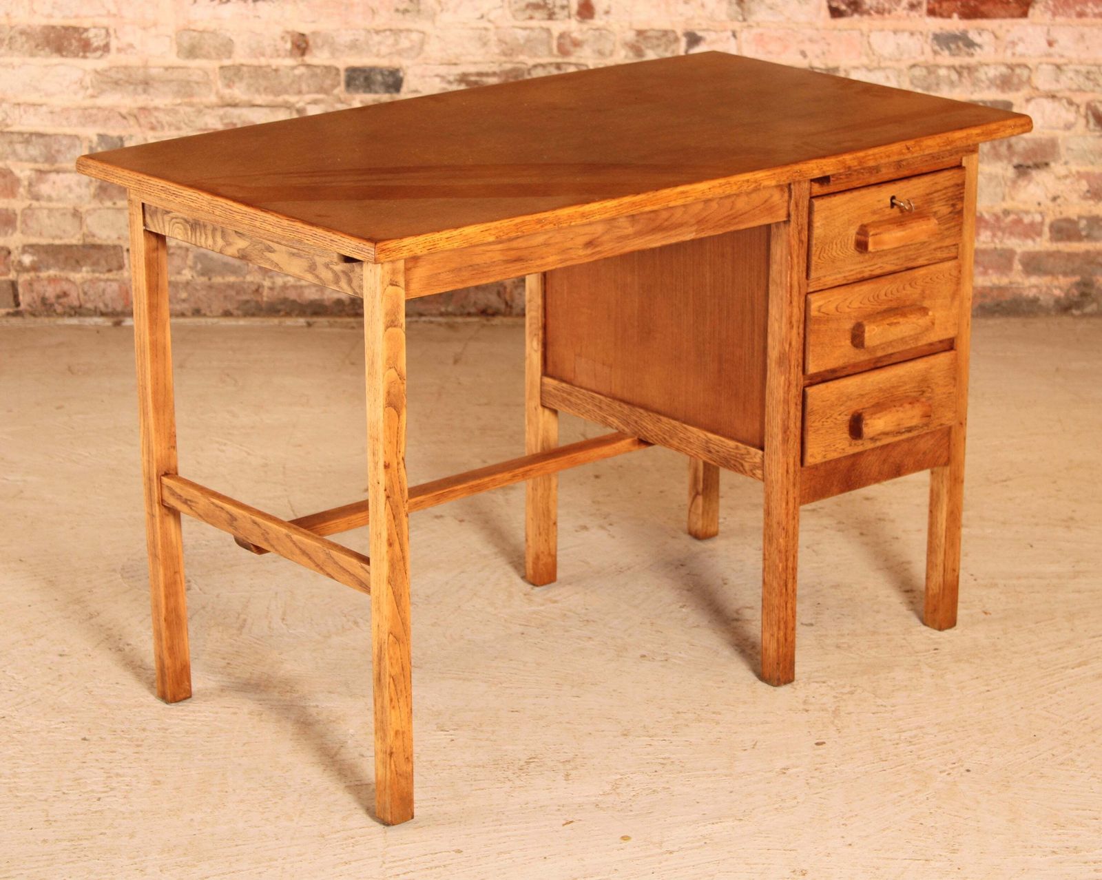 Vintage Mid Century Oak Kneehole Desk With 3 Drawers, Circa 1960s photo for sale