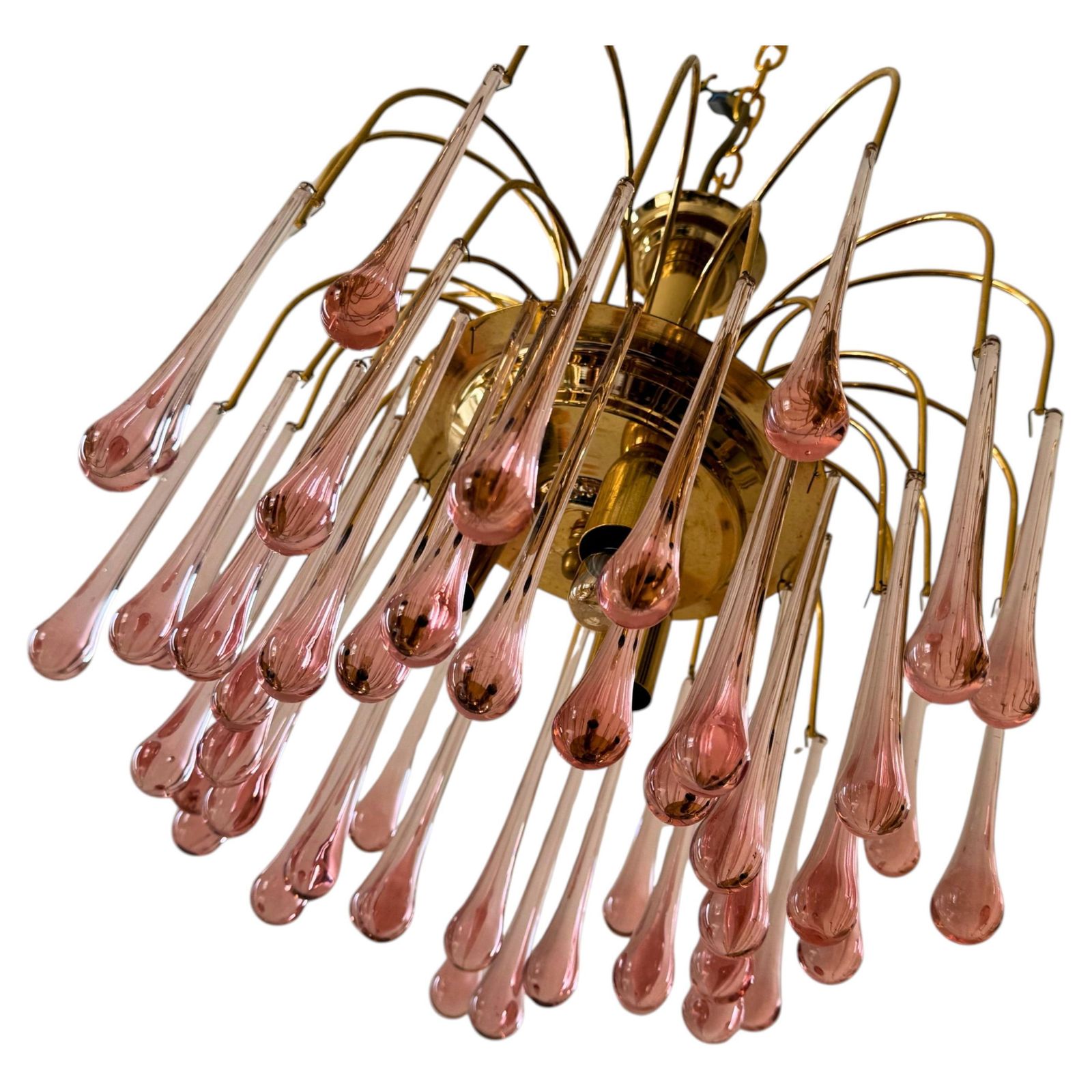 1970s Italian Murano Pink Glass Teardrop Chandelier With Brass Frame