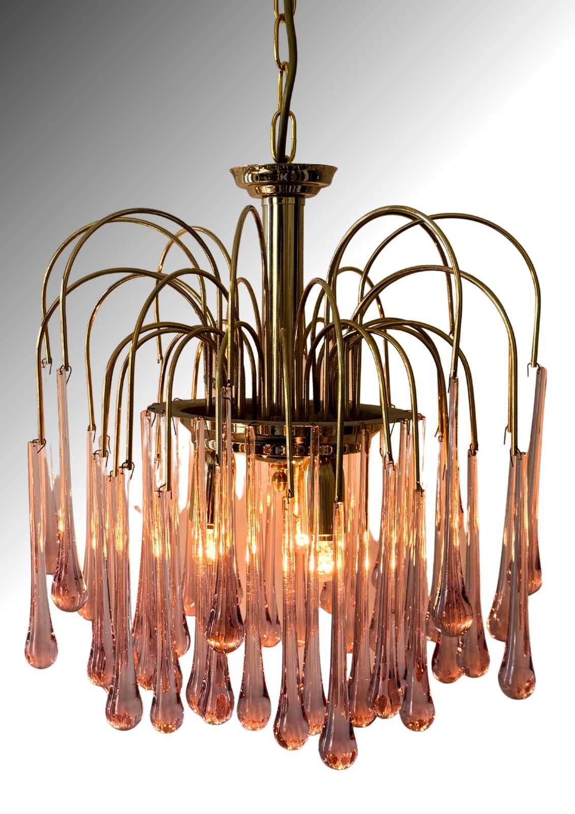1970s Italian Murano Pink Glass Teardrop Chandelier With Brass Frame photo buy