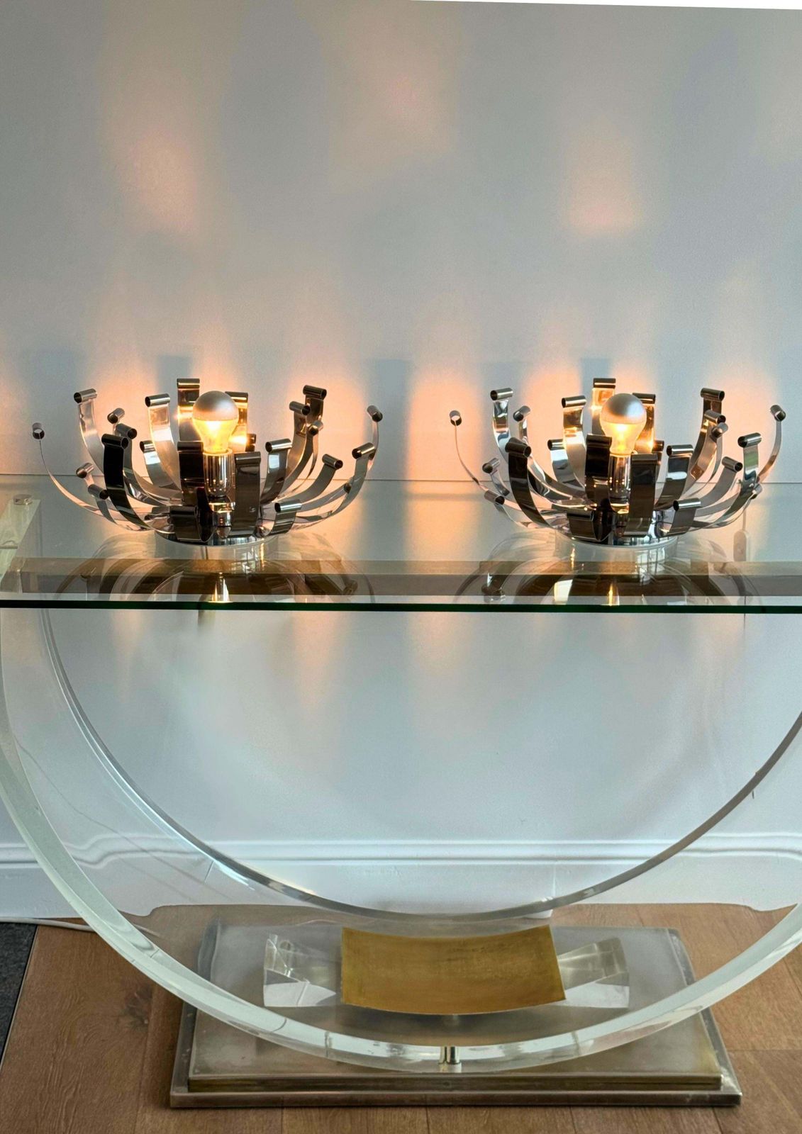 Pair 1970s Italian Design Sculptural Chromed Steel Large Desk Lamps By Reggiani photo 2908.0