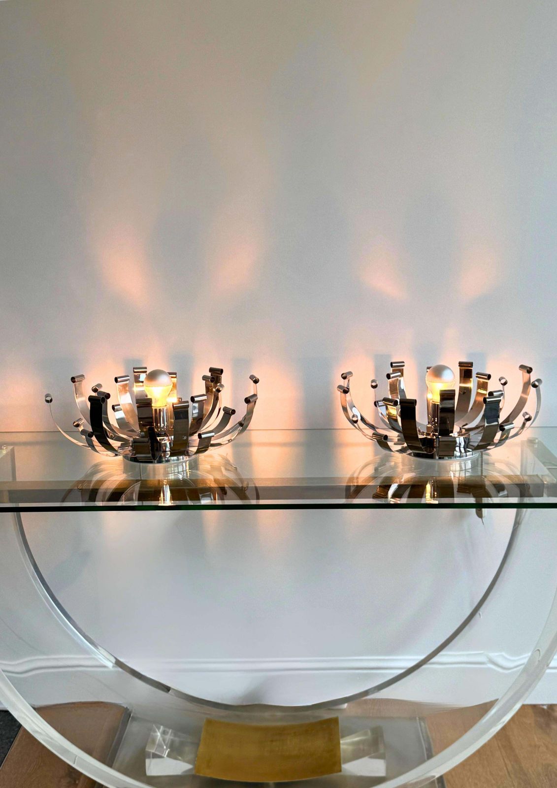 Pair 1970s Italian Design Sculptural Chromed Steel Large Desk Lamps By Reggiani photo vinterior