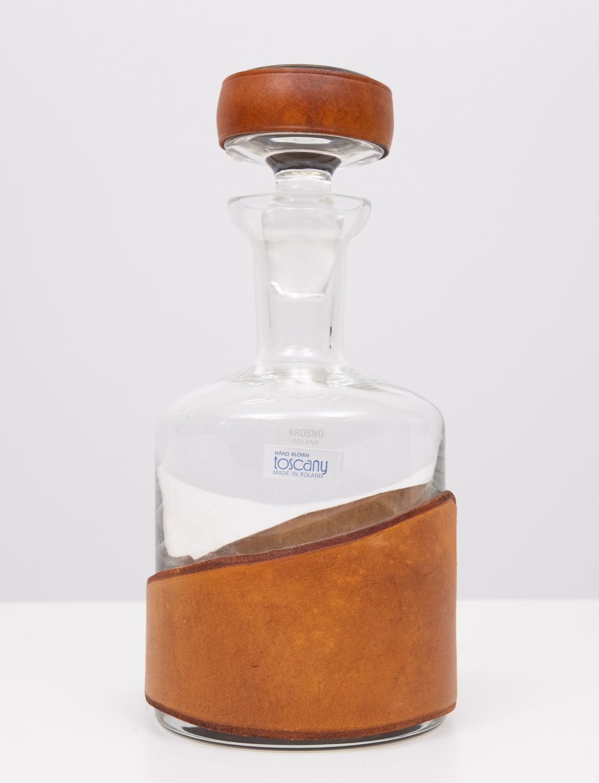 Krosno Poland Handgeblazen Whiskyfles Met Leren Omhulsel photo for sale