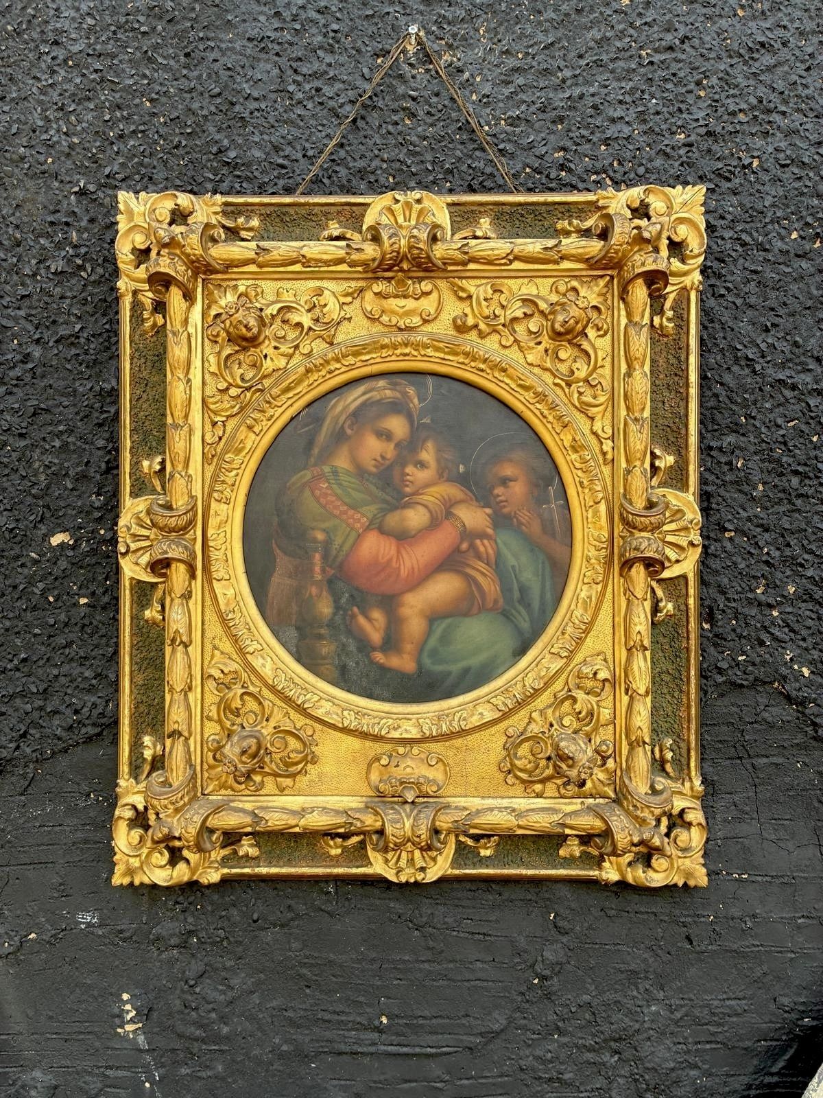 Antique 19th Century Oil On Canvas Madonna Of The Chair After Raphael