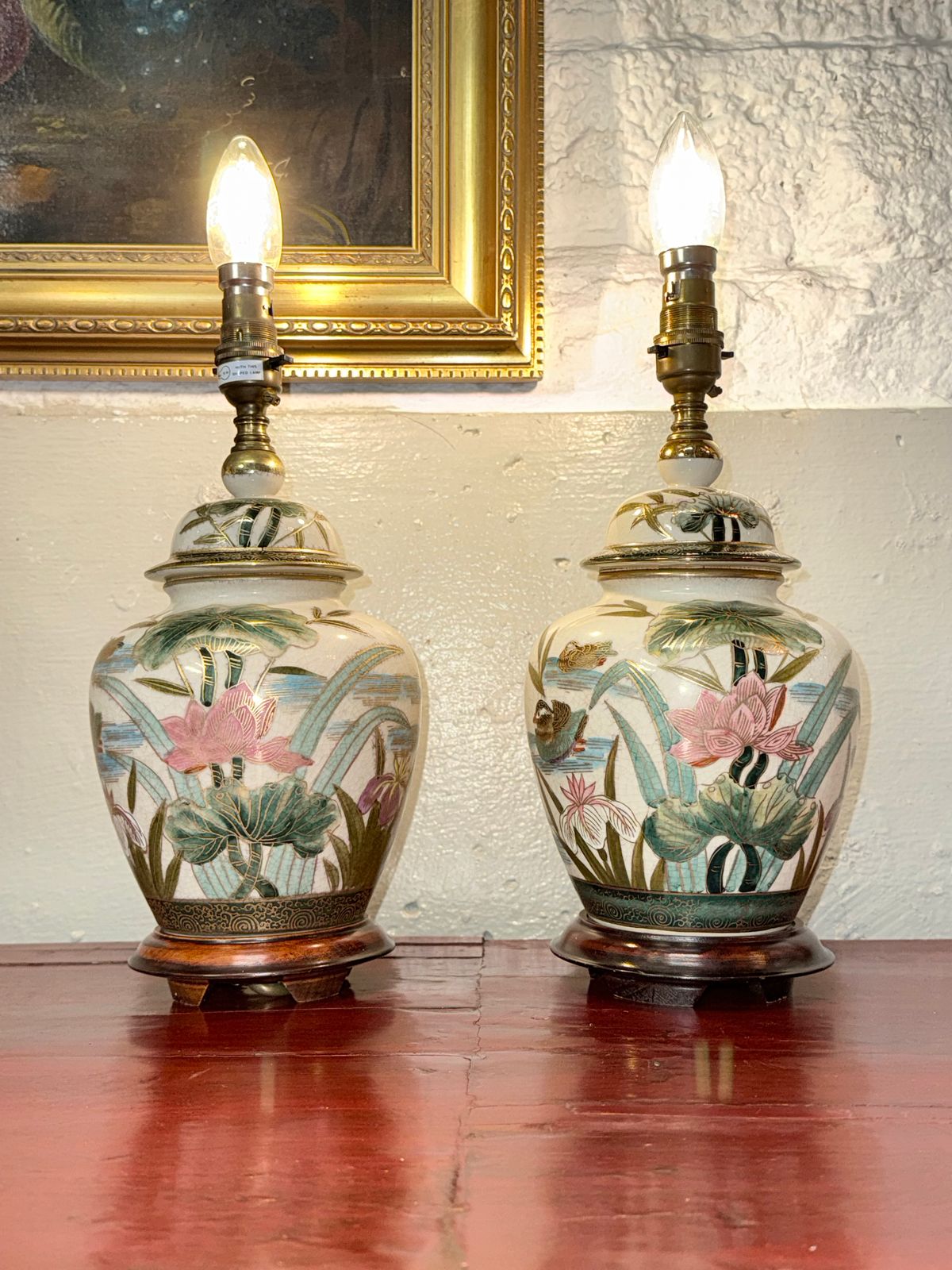 photo for sale Pair Or Oriental Porcelain Ginger Jar Vase Lamps Table Lamps