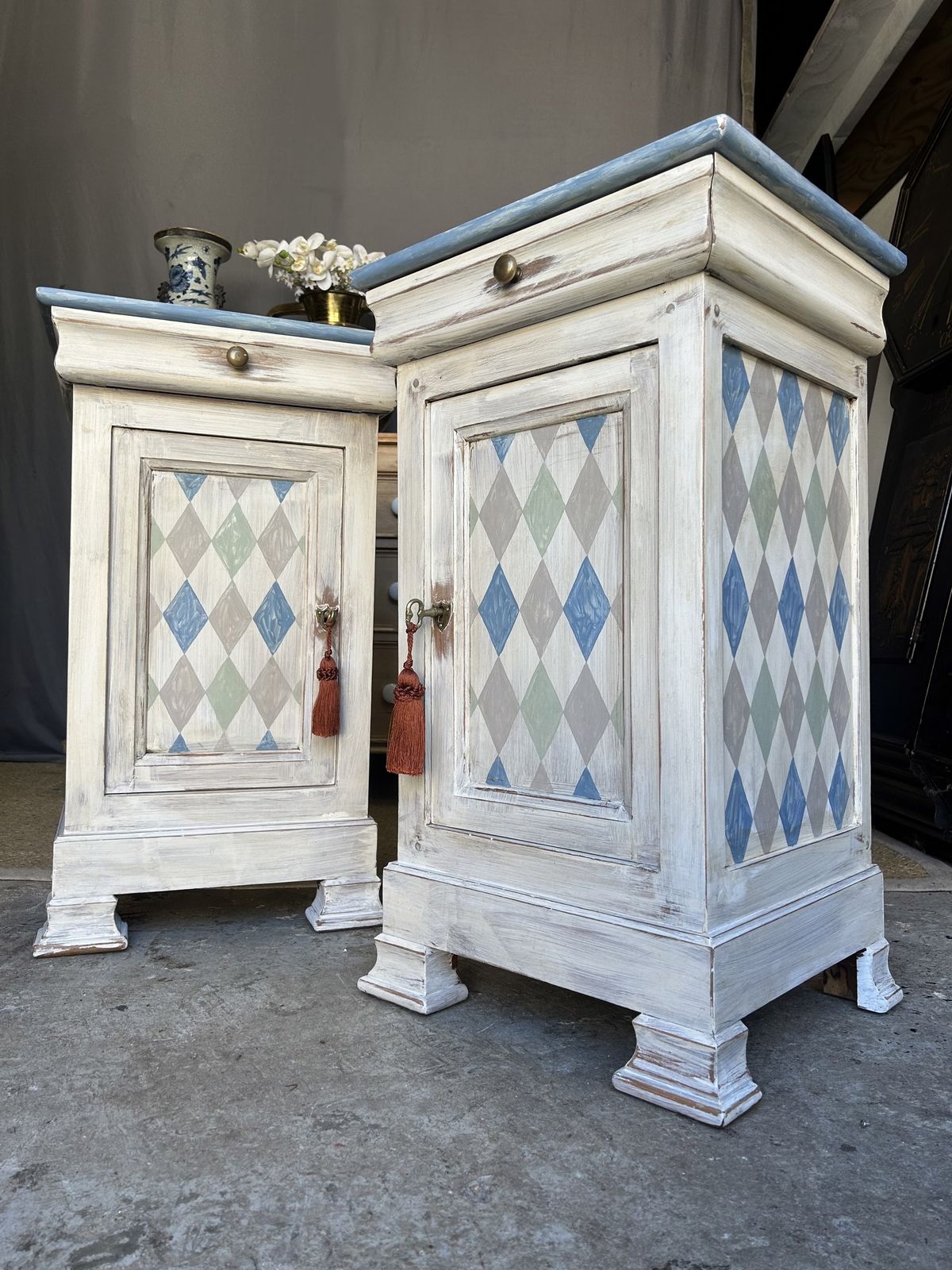 Pair Of French Bedside Tables Painted In An Antiqued Diamond