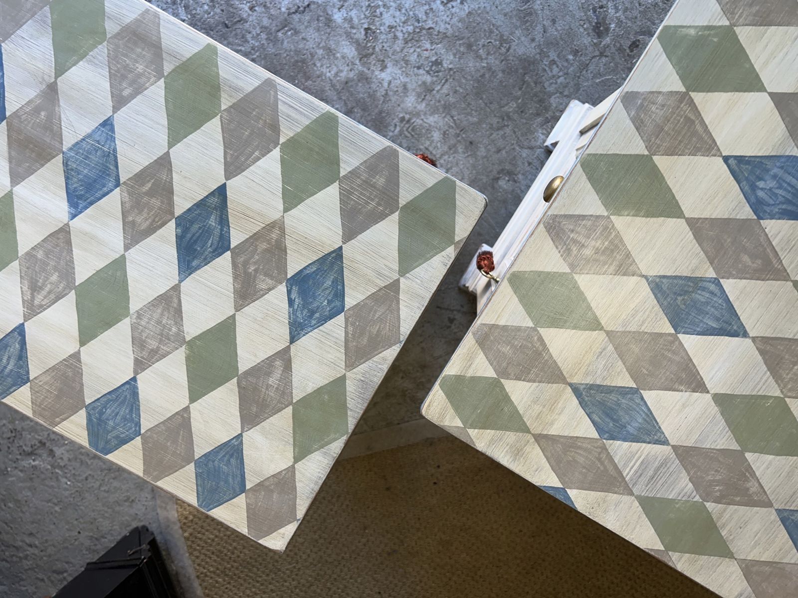 Pair Of French Bedside Tables Painted In An Antiqued Diamond photo furniture
