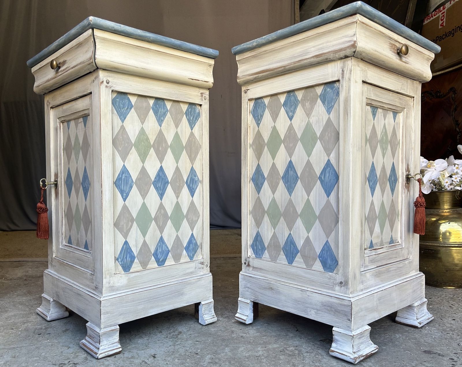Pair Of French Bedside Tables Painted In An Antiqued Diamond photo vinterior