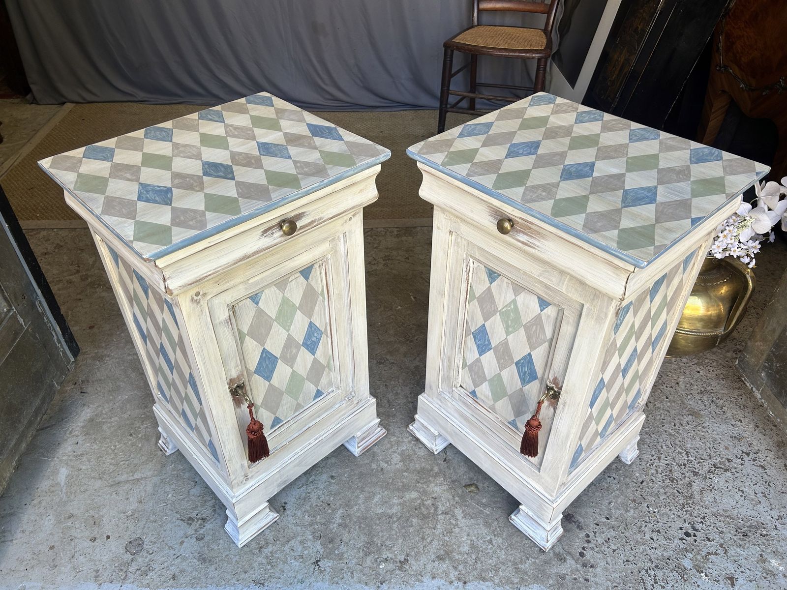 Pair Of French Bedside Tables Painted In An Antiqued Diamond photo buy